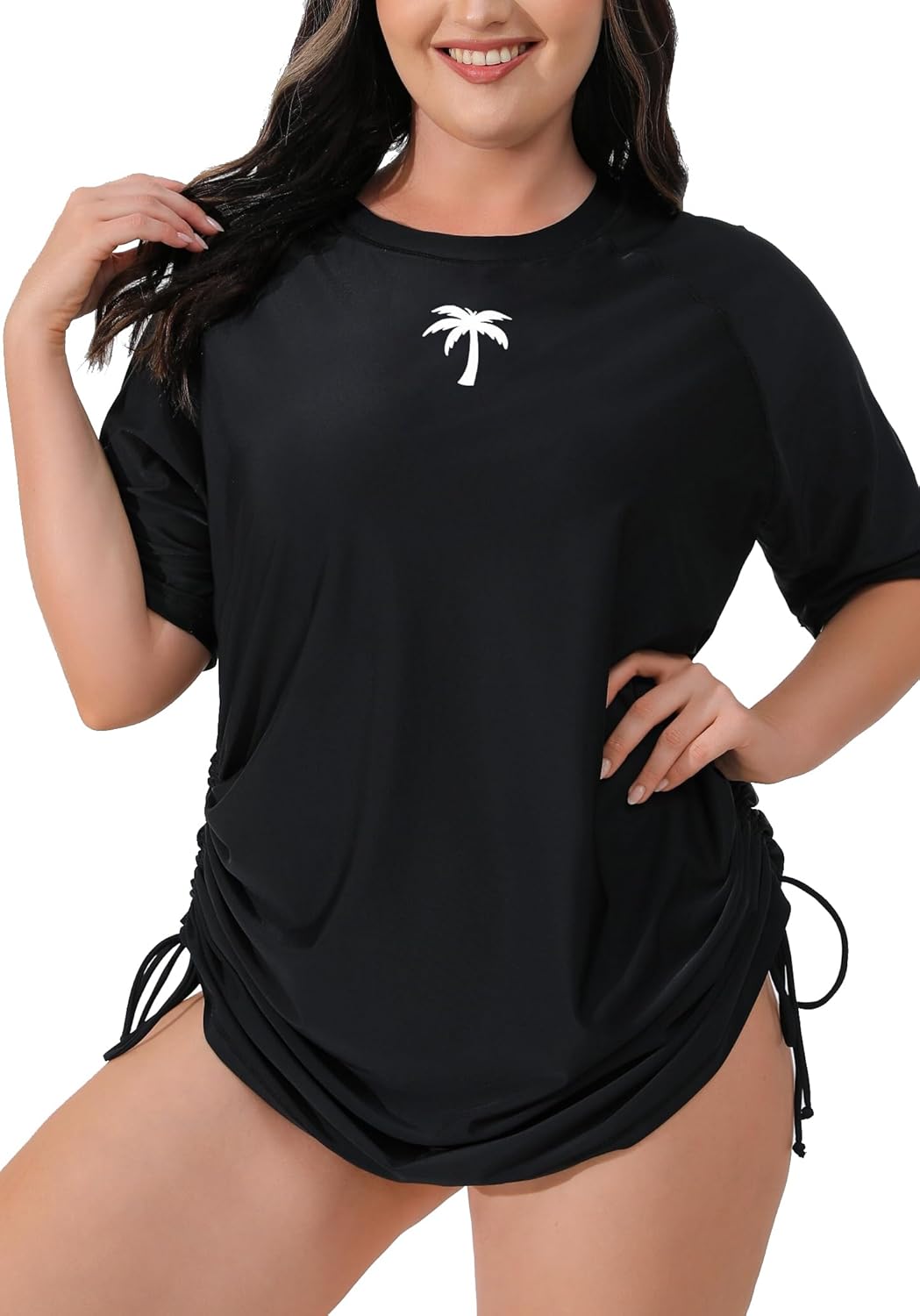 Halcurt Women's Plus Size Short Sleeve Rash Guard Swim Shirt Tie Drawstring UPF50+ Sun Protection Swimsuit Top