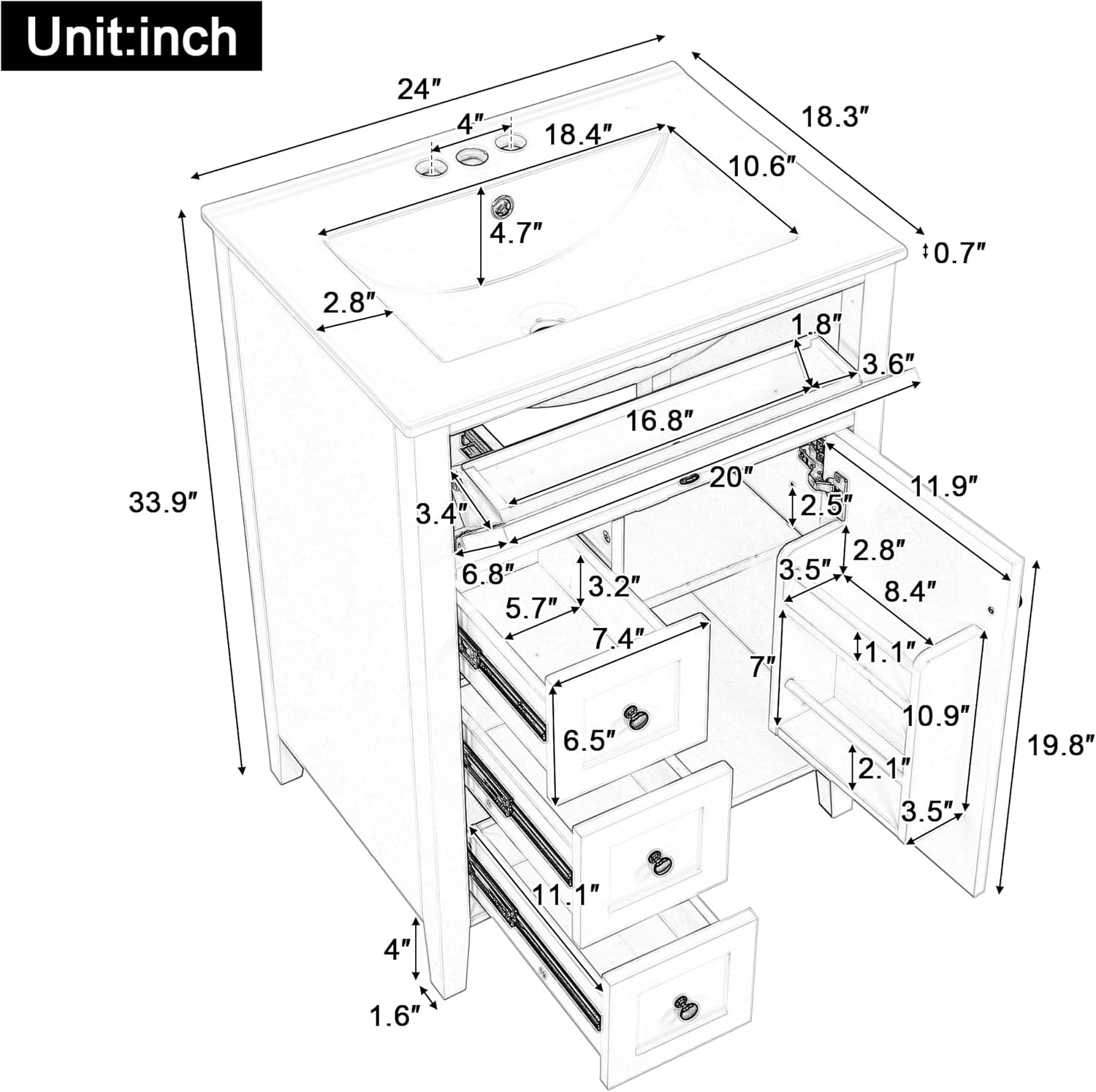 Polibi Bathroom Vanity with Open Drawers and Cabinet