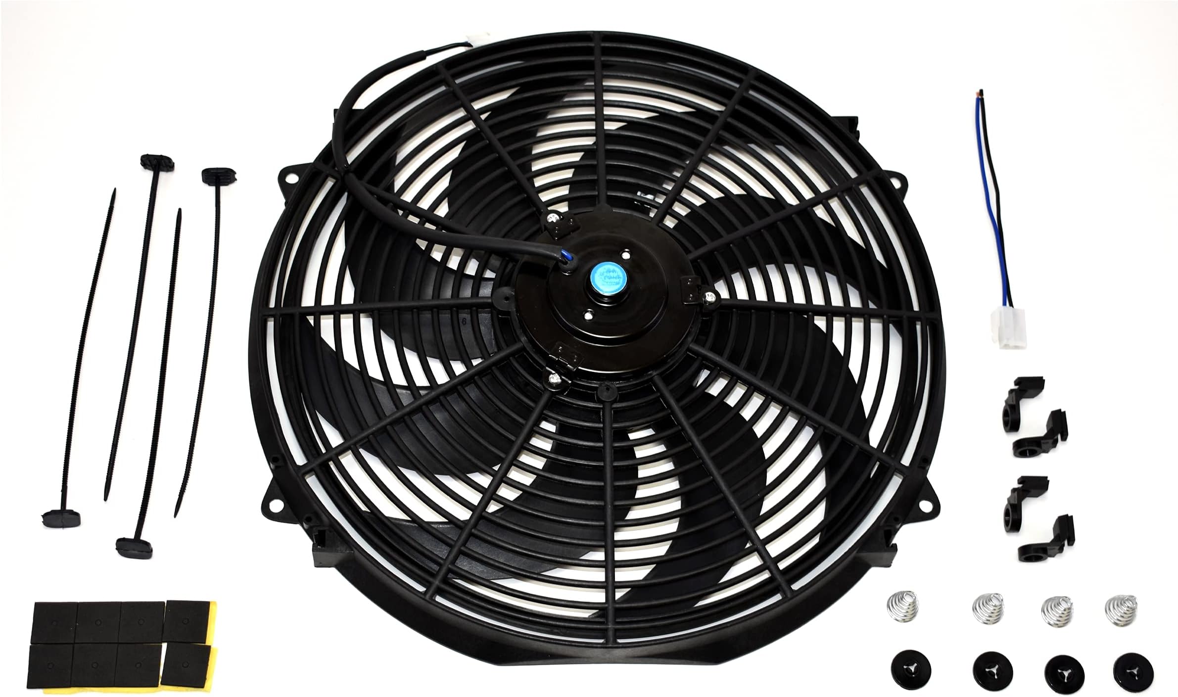 A-Team Performance Universal 16 in Electric Radiator Fan Assembly Kit - 12V, 16 in Diameter - 3.26 in Thickness - Push & Pull S-Blade Reversible Design & 3000 CFM High-Flow Electric Cooling Fan Kit