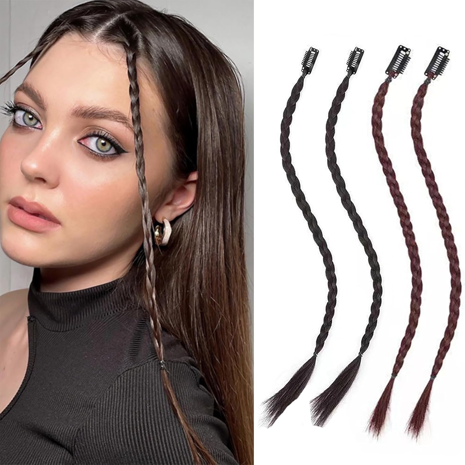 4 PCS Bang Clip Extensions Braids Women Girls Curtain Front Side Bang Natural Soft Synthetic Hairpieces Decorative Braids (Black Brown Natural Black)