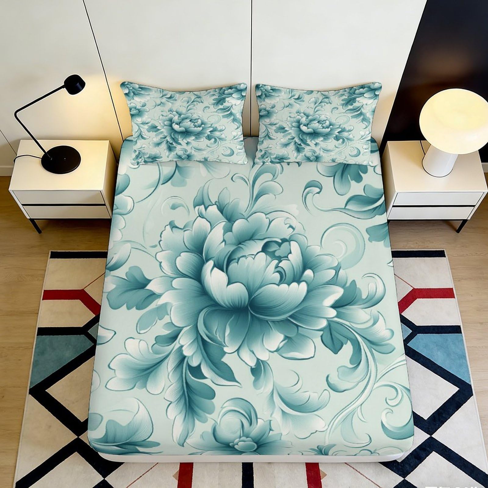3D Printed Floral Peony Fitted Sheet Microfiber Soft Teal Botanical Mattress Cover for Bedroom Dorm Decor 90x200x25cm