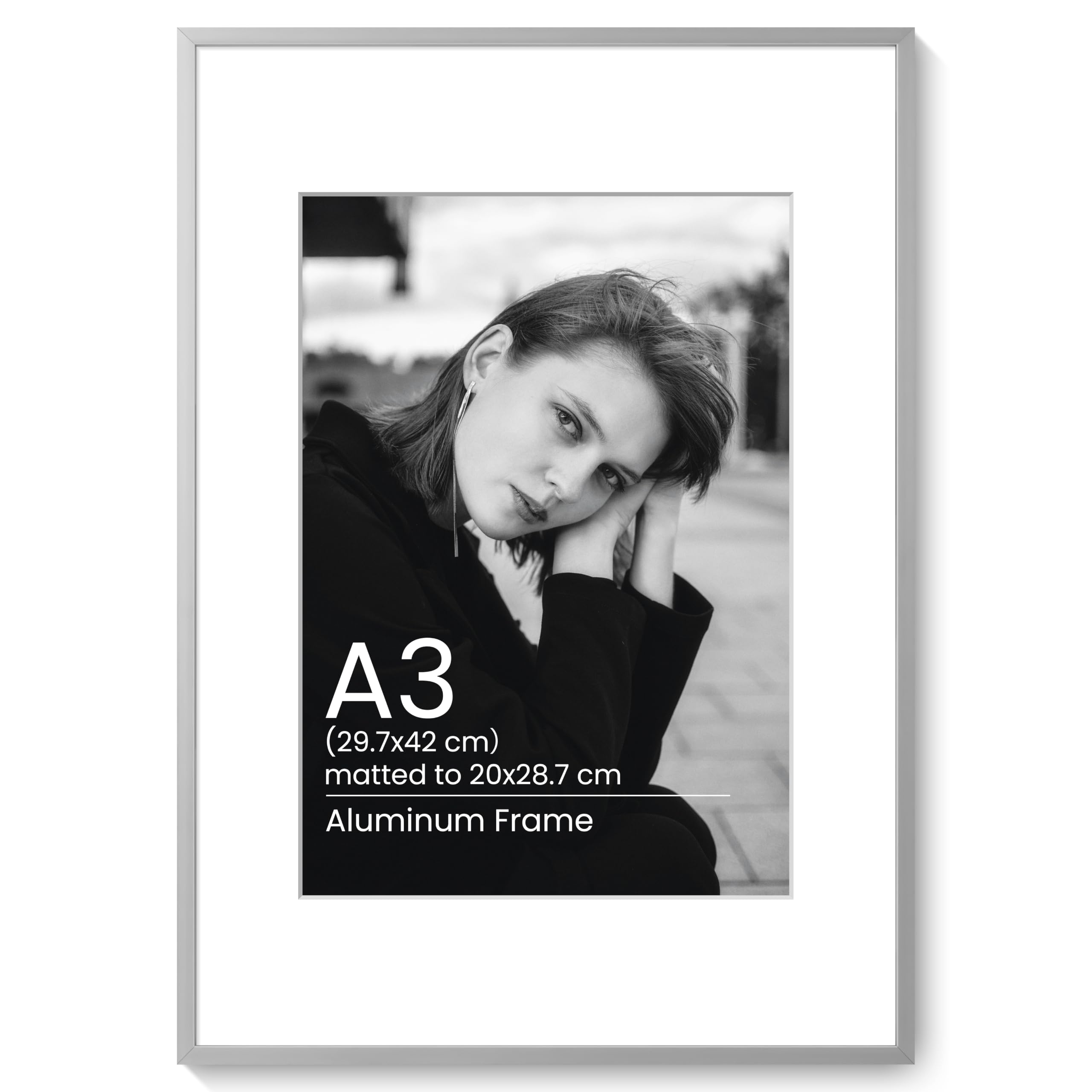 KovaScape A3 Aluminum Photo Frame - Modern Flat Metal Picture Frames with A4(20x28.7 cm) Removable Mat and HD Glass - Versatile Wall & Tabletop Display for Gallery Art, Silver