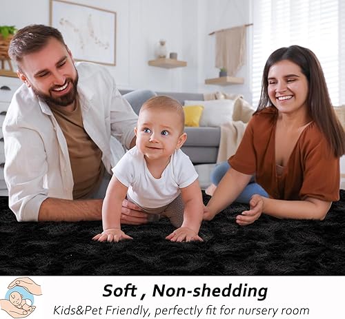 Miniatura 3 de Alfombras de pelo largo para sala de estar, alfombras negras de 5 x 7 pies, antideslizantes, modernas, de estilo minimalista, de espuma