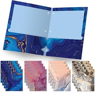 Global Printed Products Deluxe Designer Pocket Folders, Letter Size, 3-Hole Punched, 4 Patterns, 16/pk (Marble)