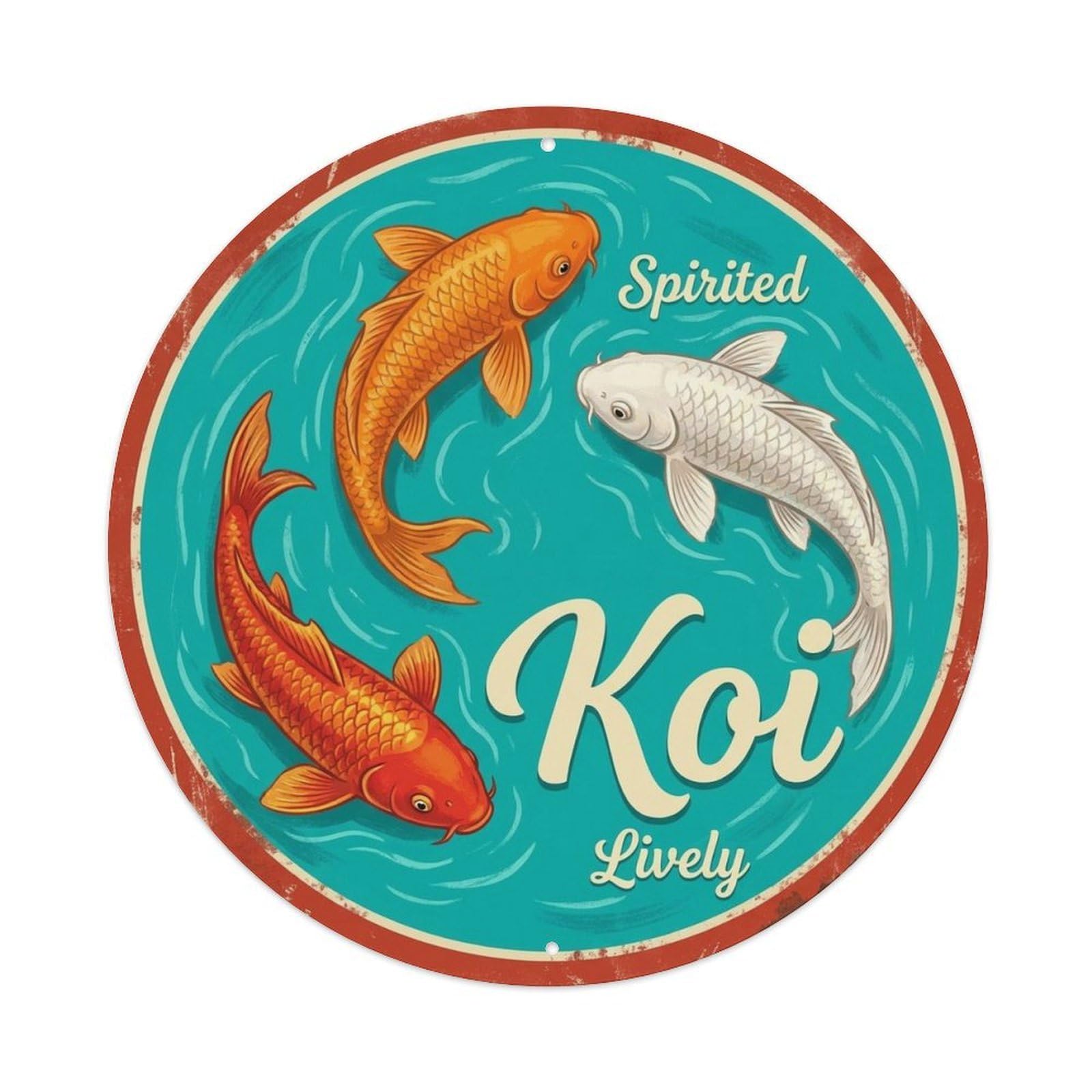 Koi Carp Spirited Classic Garden Vintage Metal Tin Sign Plaque Wall Decor for Cafe, Man Cave, Club Bar, Office, Home Garden Round Metal Poster 8x8Inch