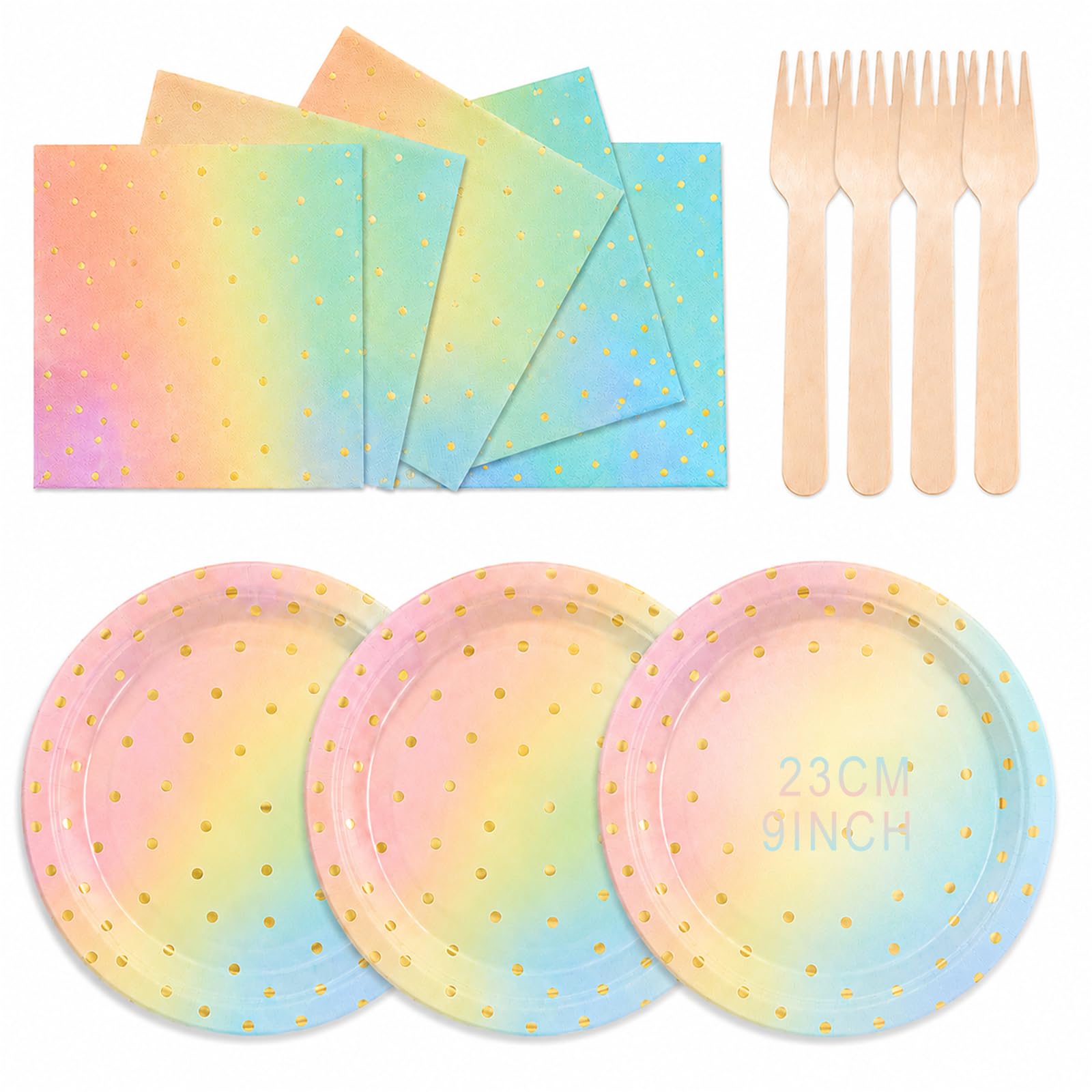 ZblPyro 72 Pcs 9in Rainbow Gold Paper Plates and Napkins