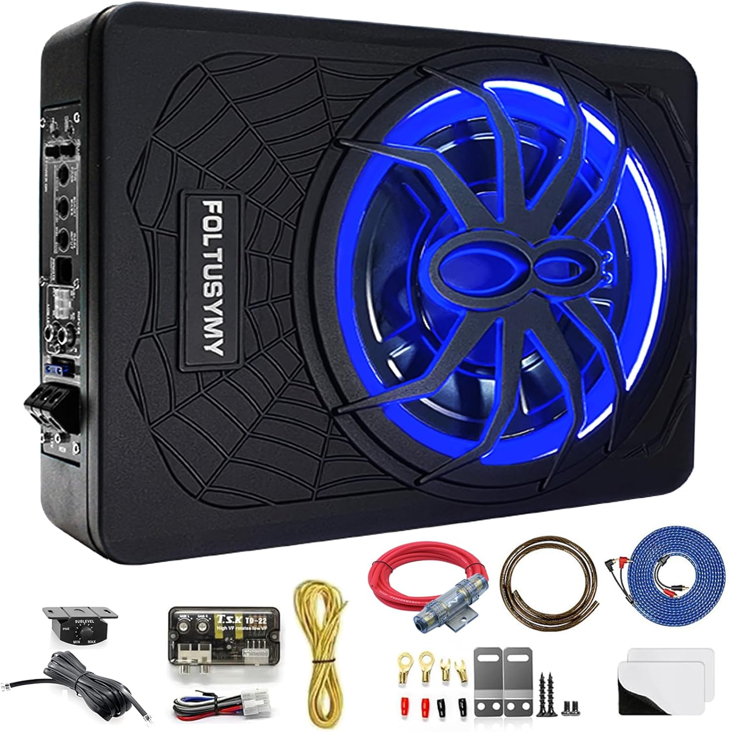 FOLTUSYMY 10" 1200W Car Subwoofer, 2025 Upgraded Slim Under Seat Powered Car Subwoofer, High/Low Level Input, Car/Truck Audio Sub Built-in Amplifier, with Blue LED Light