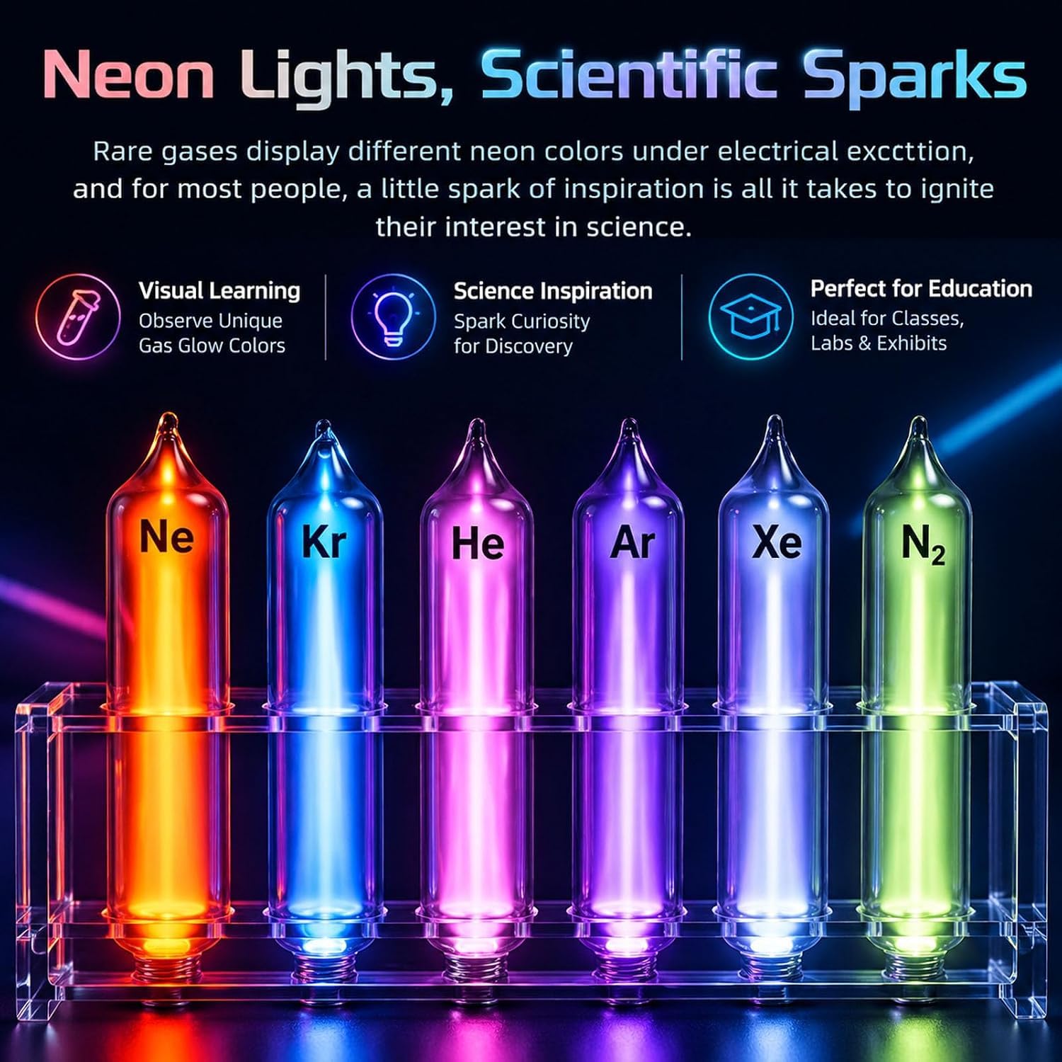Tubos De Gases Nobles, Juego De Tubos Luminosos De Gases Raros con Base Excitadora, Elementos Luminosos Sellados Al Vacío De 99,999% De Pureza (he, Ne, Ar, Kr, Xe) para Experimentos Científicos,