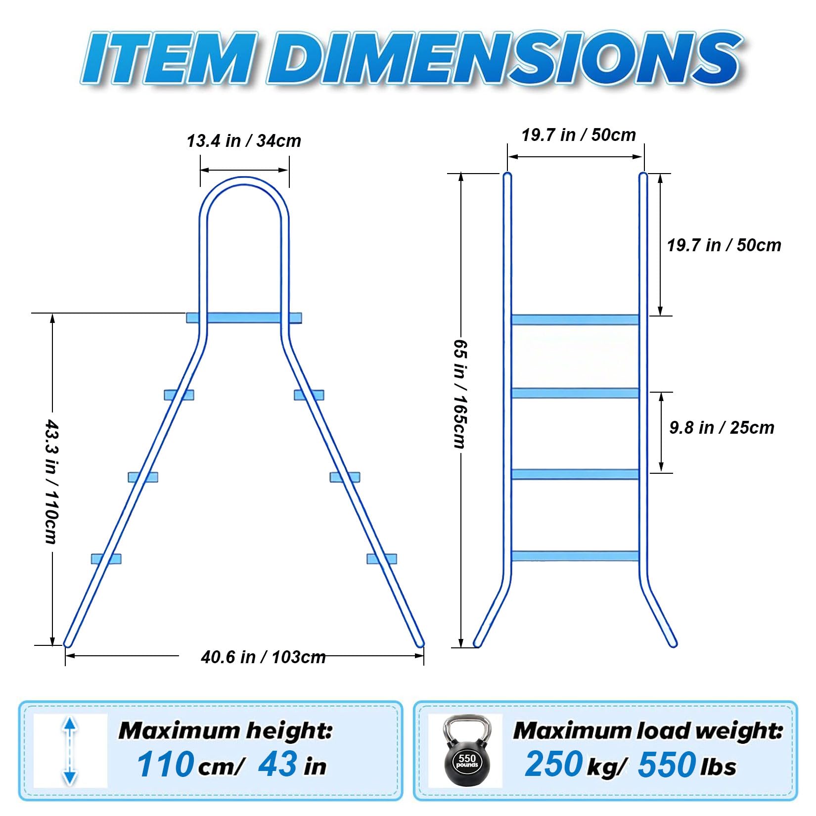 BOTOWI Escalera para piscina elevada de alta resistencia marco de acero inoxidable 304 escalera para nadar capacidad de 550 libras solo escalera de entrada y salida antideslizante,3 Step 43 inch 110cm