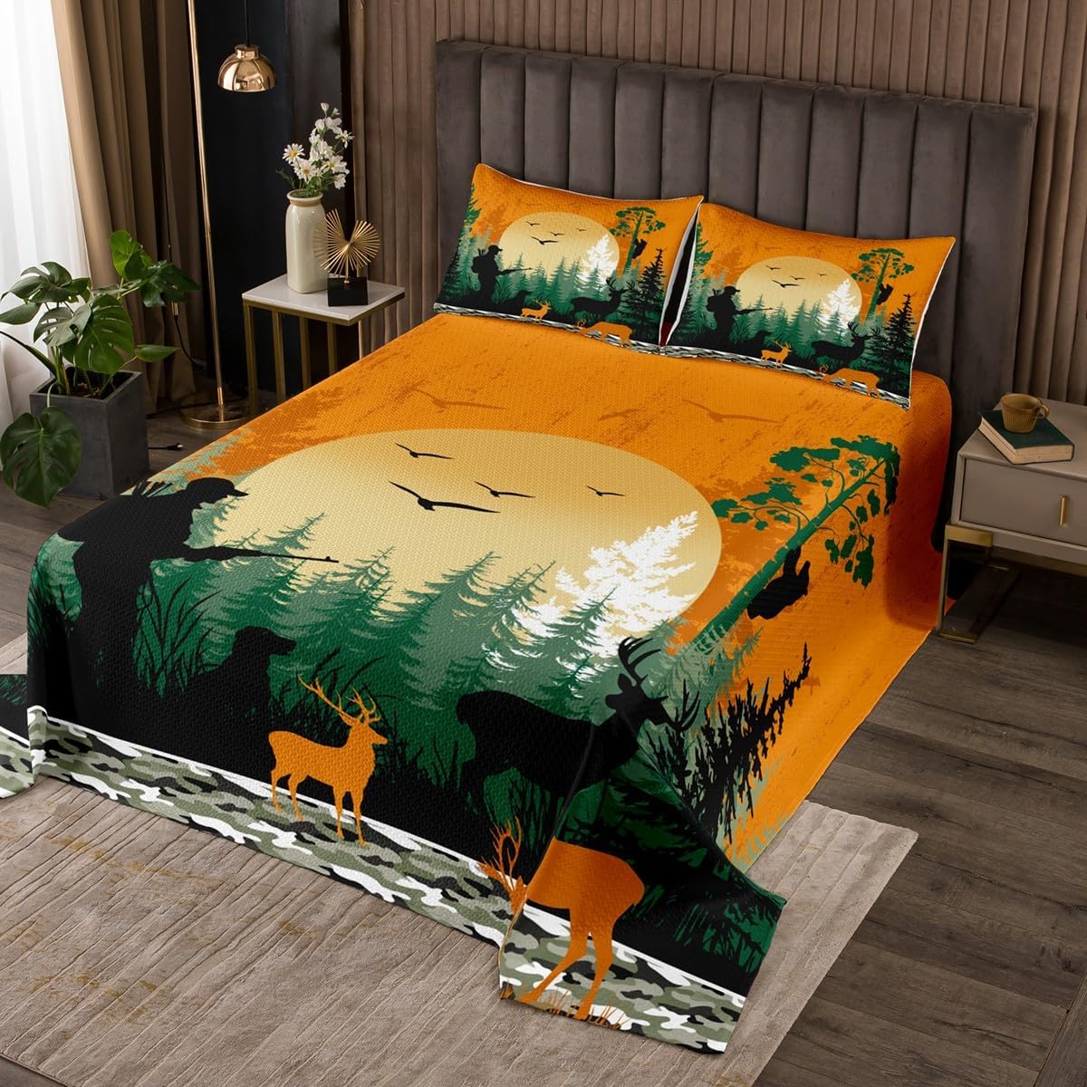 jejeloiu Deer Bedspread Quilts Deer Hunting Coverlet Set Twin Size for Kids Boys Girls Camo Farmhouse Quilted Coverlet for All Season with 1 Pillowcase CamouflageMilitary Style Black Green Orange
