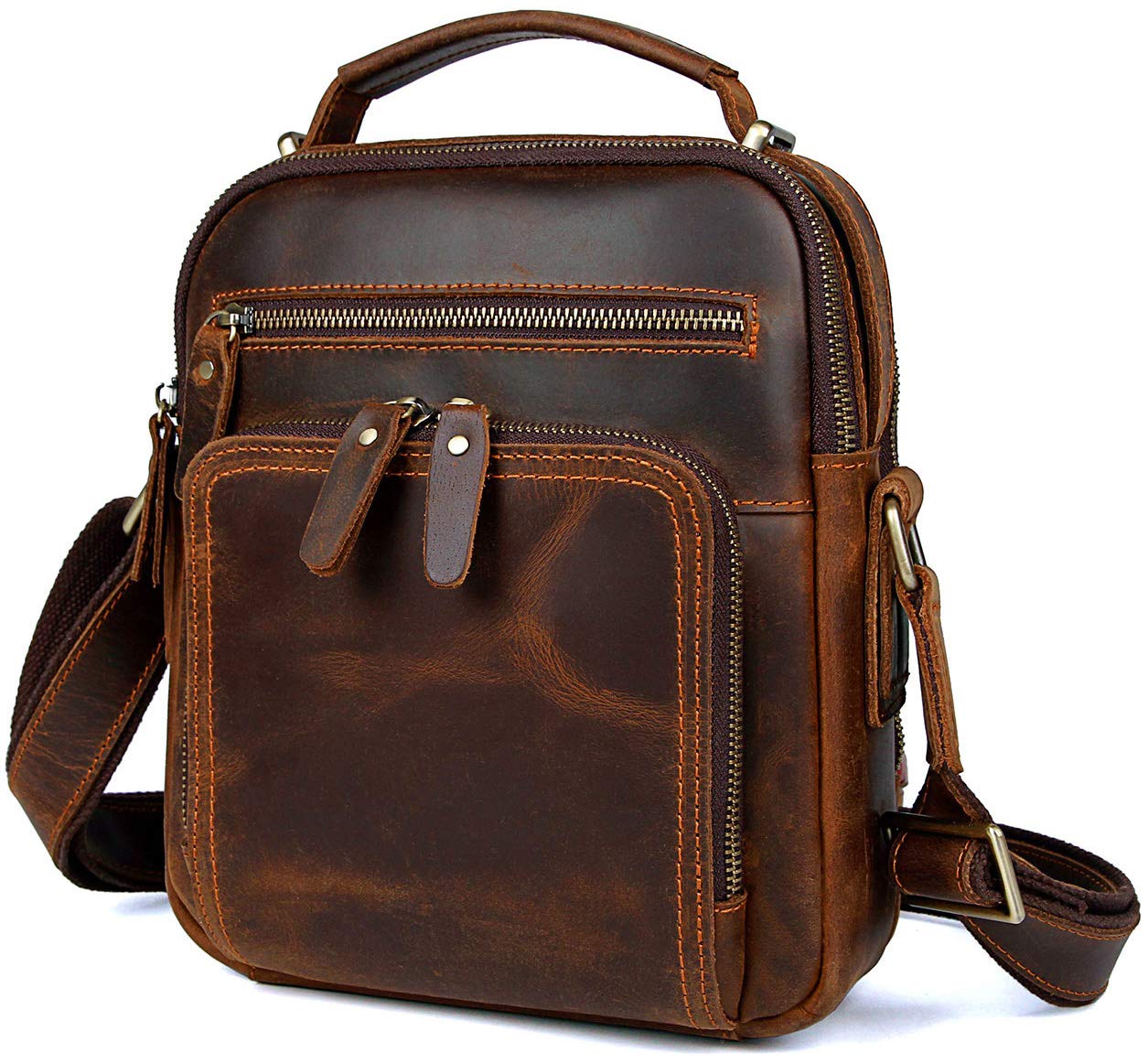 Leather Messenger Bag for Men, Full Grain Leather Crossbody Bag Zipper Man Purse - Gift for Men Fit 10.2 inch iPad