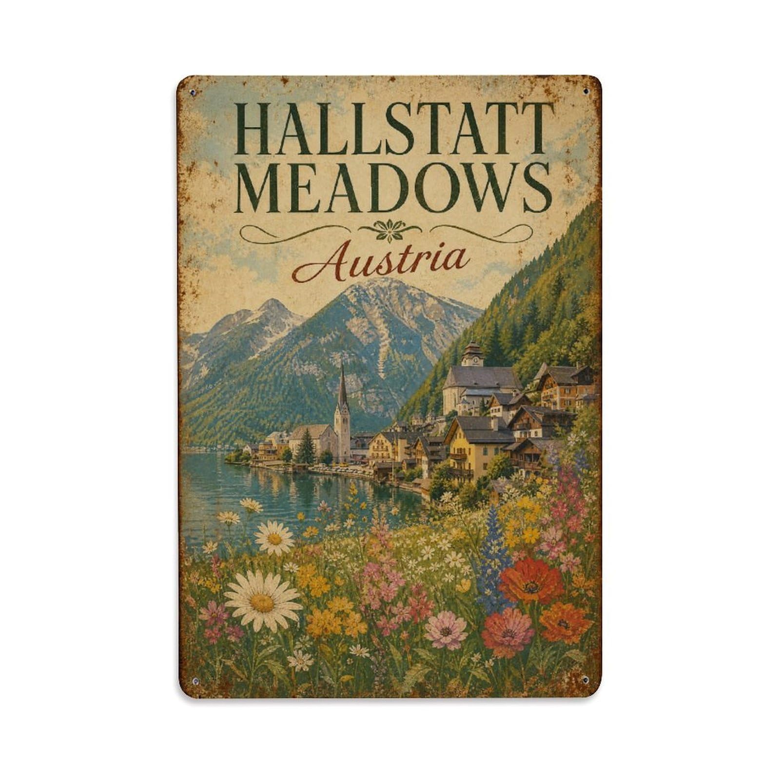 Gead 8X12inch Style Vintage Travel Hallstatt Austria Meadows Metal Tin Sign