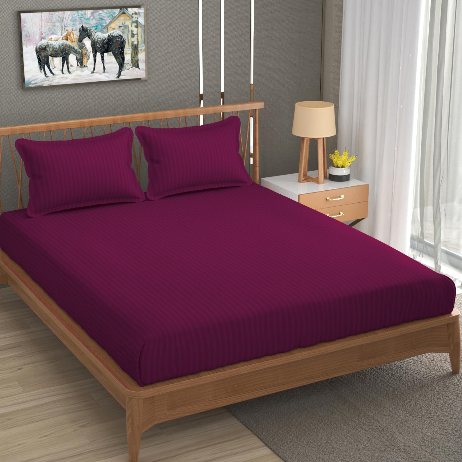 Homefab India 160 TC Stripe Cotton Feel Glace Cotton Elastic Fitted King Size Double Bed Bedsheet with 2 Pillow Covers Fits Upto 6 inches Mattress, Size-72X78 inches, Dark Pink