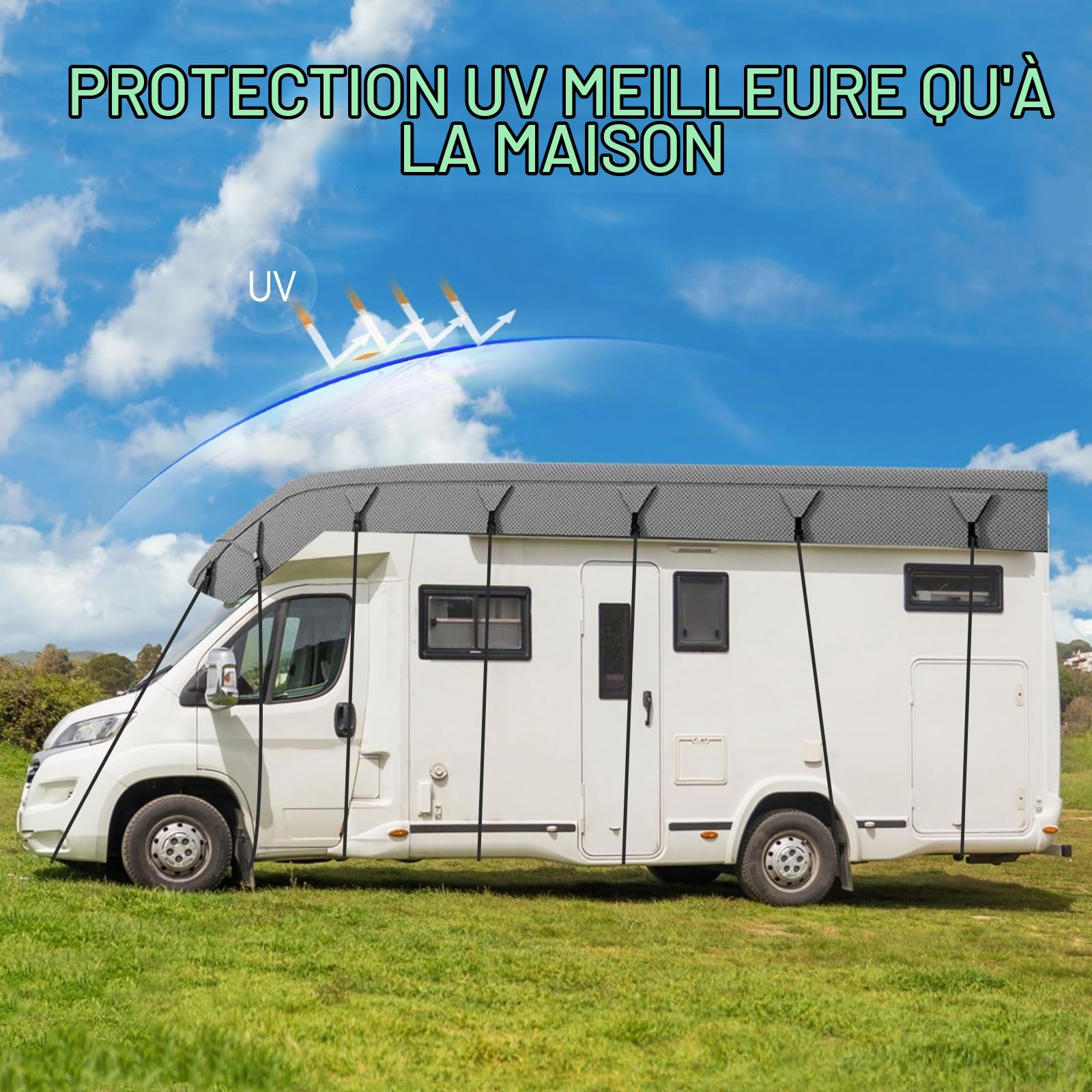 Housse de toit pour caravane, 4 couches imperméables et résistantes en gris pour camping-car, bâche respirante et anti-poussière pour caravane (7,5 x 3 m)