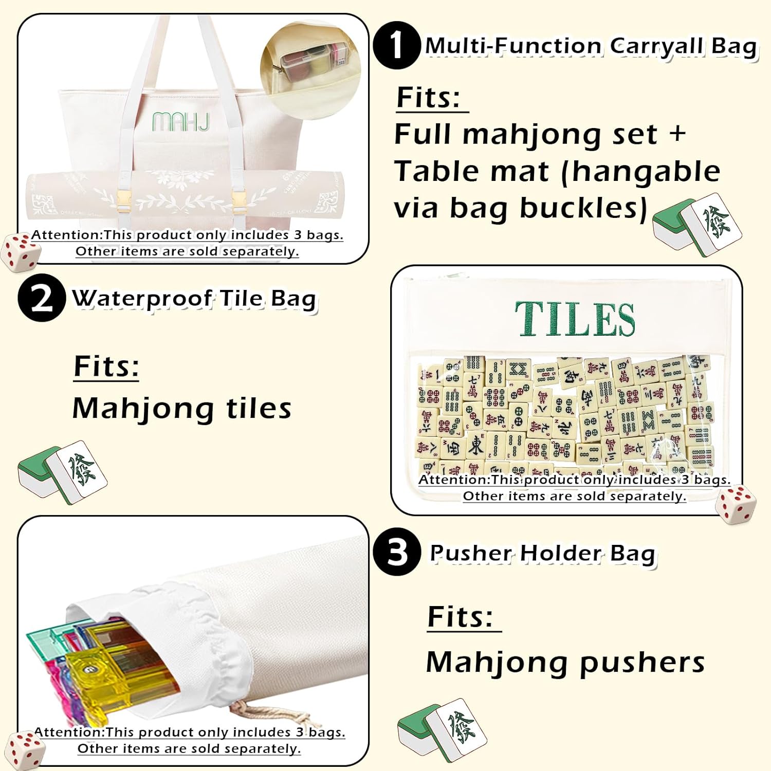 Empty Mahjong Tile Bags Set for American Tiles and Racks,Canvas Tote Bag with Mat Holder Accessories Organizer,Portable Mahjong Case Drawstring Protective Sleeve for Rack Pushers,Beige