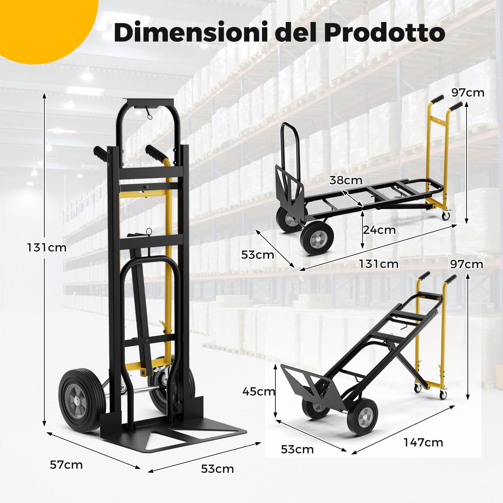 GYMAX Carrello a Mano Convertibile 3-in-1, Carrello Portatile Pesante in Metallo con Ruote in Gomma, Capacità 450kg, Carrello Industriale Pieghevole per Trasporto e Spostamento in Garage, Fabbrica