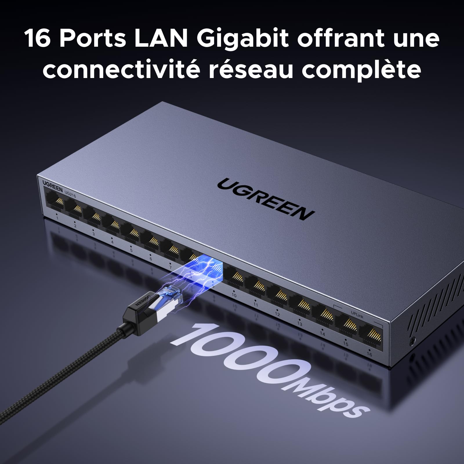 UGREEN Switch Ethernet Gigabit 16 Ports Hub Ethernet 10 100 1000Mbps Switch RJ45 Support VLAN Boitier Métal Idéal pour Bureau et Maison Compatible avec PC Imprimante Caméra Routeur