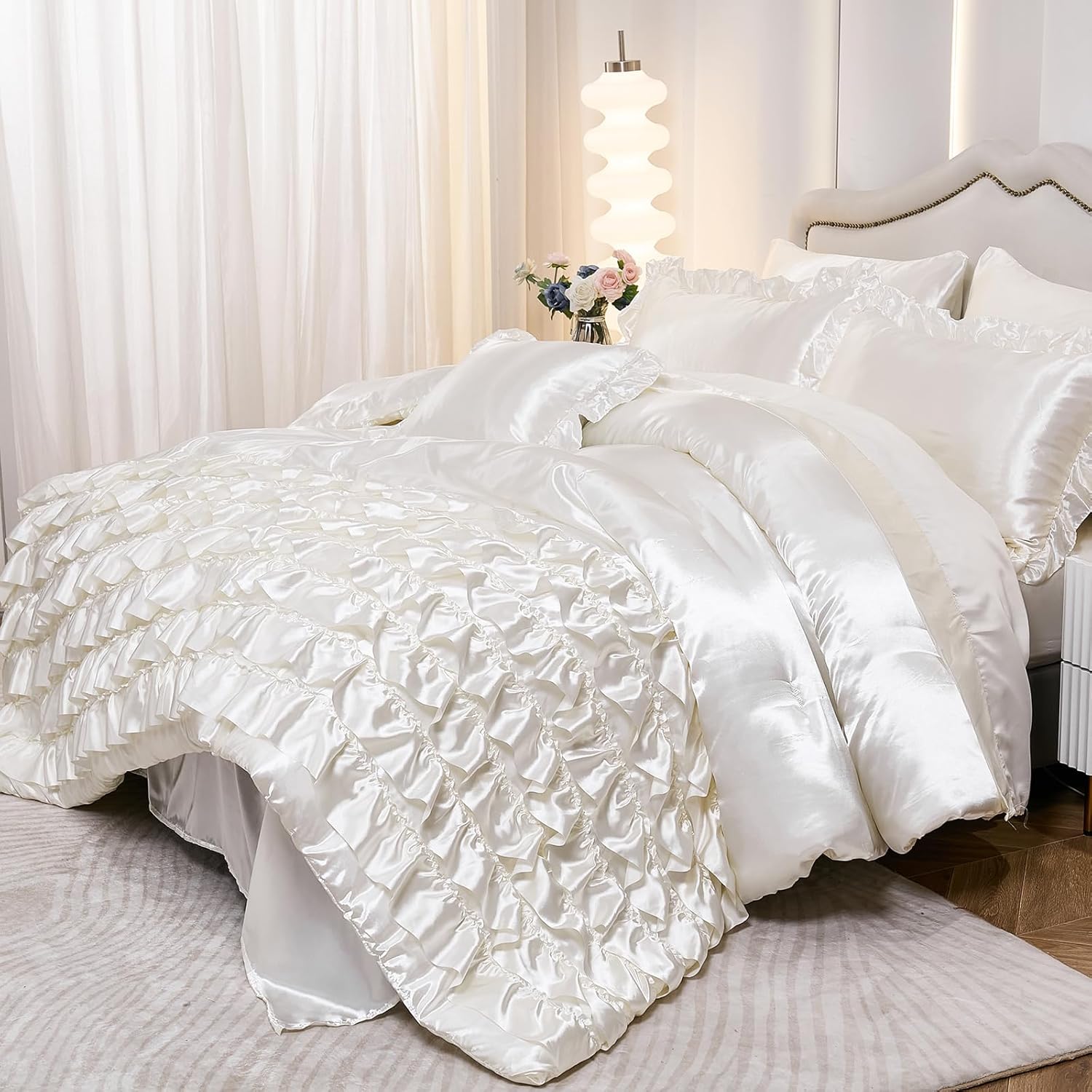 MOVE OVER Satin Ruffle Comforter Set 8 Pieces Bed in a Bag King Size Silk Like Satin White Waterfall Ruffle Comforter Set 8 Pieces Girls Romantic Layers Ruffled Bedding Set for All Seasons - Image 2