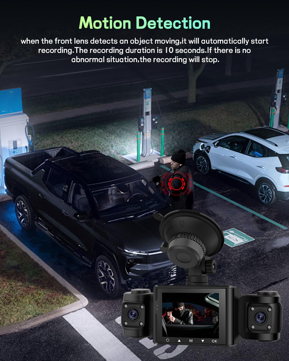 NHOPEEW Dash Cam anteriore e laterale 1080P con rilevamento del movimento e registrazione in loop - Dash cam HD a 3 canali con ampio angolo di 360° Facile da installare + scheda TF da 64 GB
