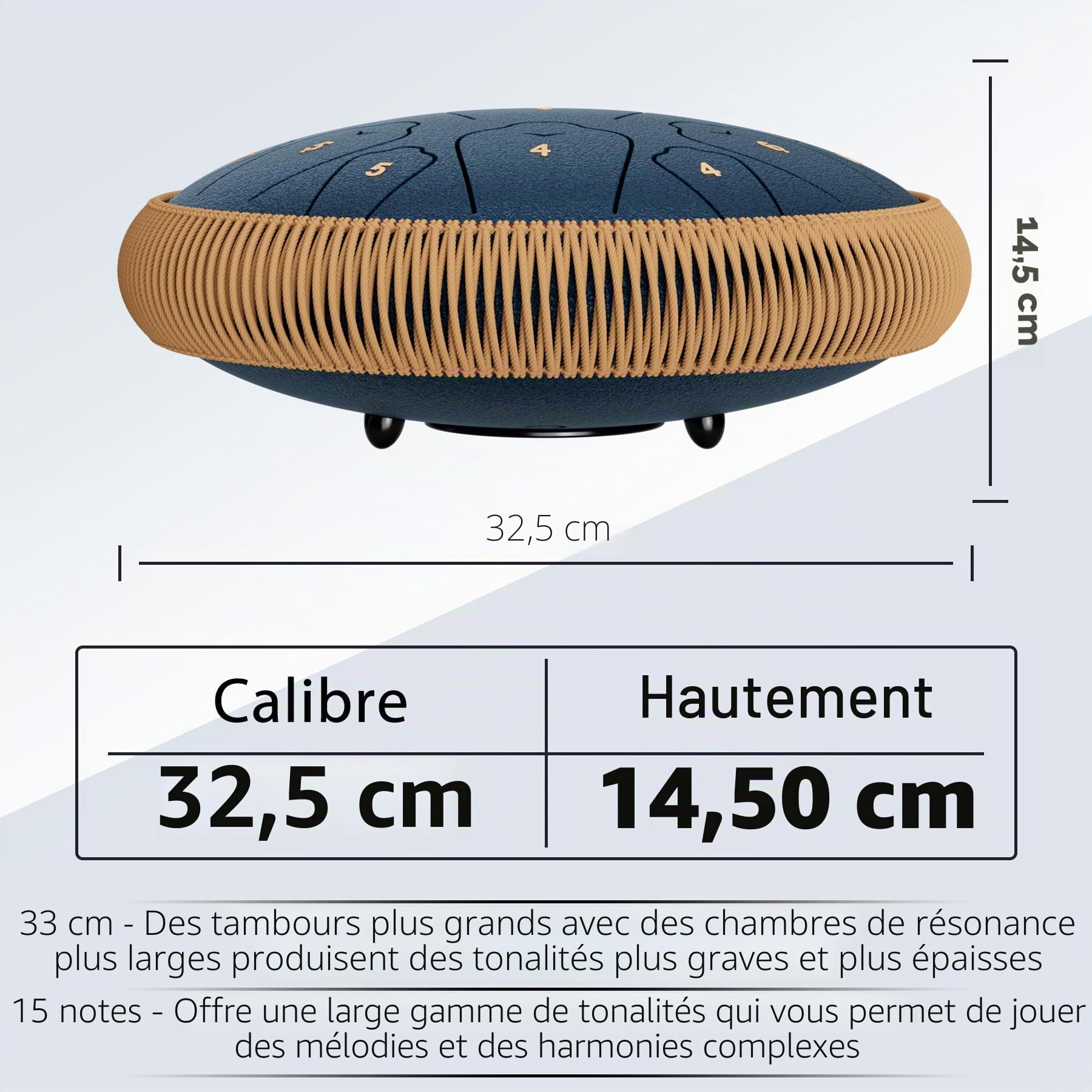Tambour à langue en acier de 33 cm à 15 notes, instrument de percussion en do majeur, tambour à main avec livre de musique, maillets de batterie et sac de transport (bleu marine)