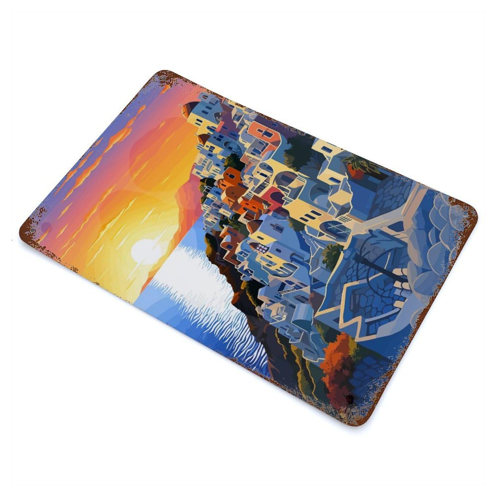 Glow of Santorini Greece Rust Effect Tin Sign 11.8"x7.9", Old School Wall Decor for Living Room, Hallway And Home Decor