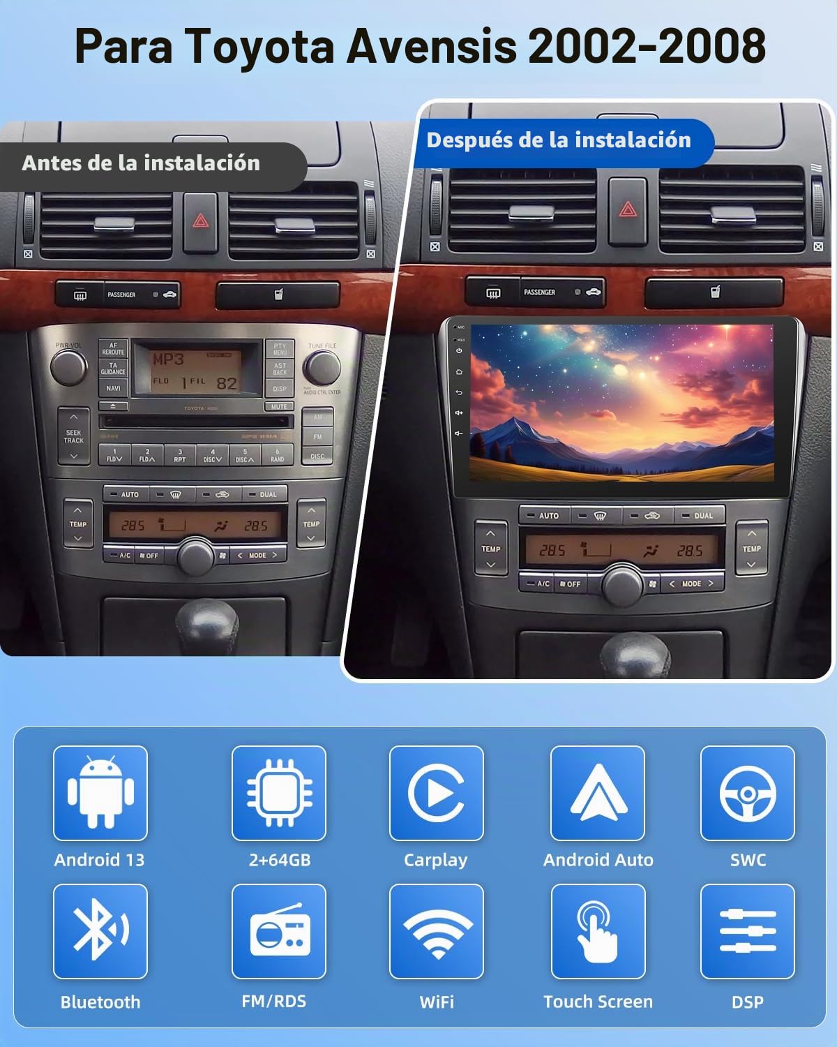 NHOPEEW 2G+64G Android Car Radio para Toyota Avensis 2002-2008 - Wireless Carplay & Android Auto - 9 Pulgadas Stereo con WiFi EQ GPS Mirror Link FM RDS + AHD Cámara de visión Trasera&Mic