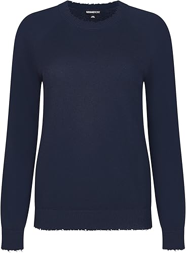 Minnie Rose Womens Long Sleeve Cotton Cashmere Frayed Edge Crew Sweater Navy XL