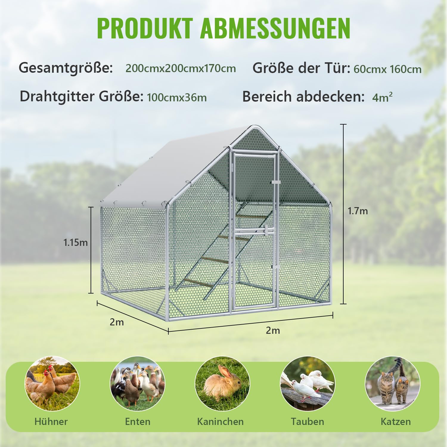 Gallinero grande de metal 2 x 2 x 1,7 m con cubierta de techo, cercado para gallinero para jardín, resistente a la intemperie, para 4 a 6 gallinas, con accesorios y escalera de asiento