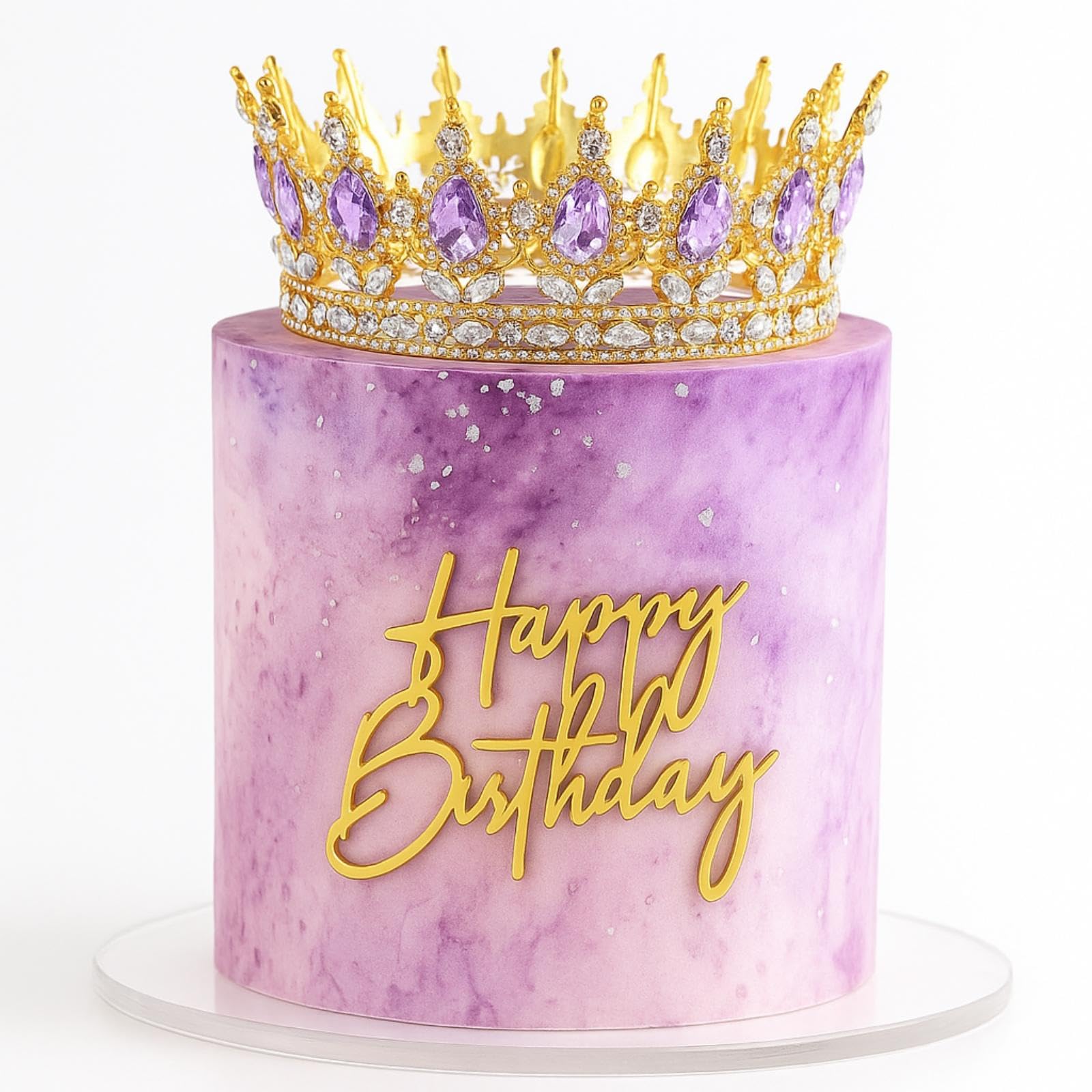 Otuuz 8 Pcs Purple and Gold Queen Crown Cake Topper, Happy Birthday Cake Toppers Foam Balls Rhinestone Crystal Tiara Wedding Decoration for Princess Party Photo Props for Women Princess