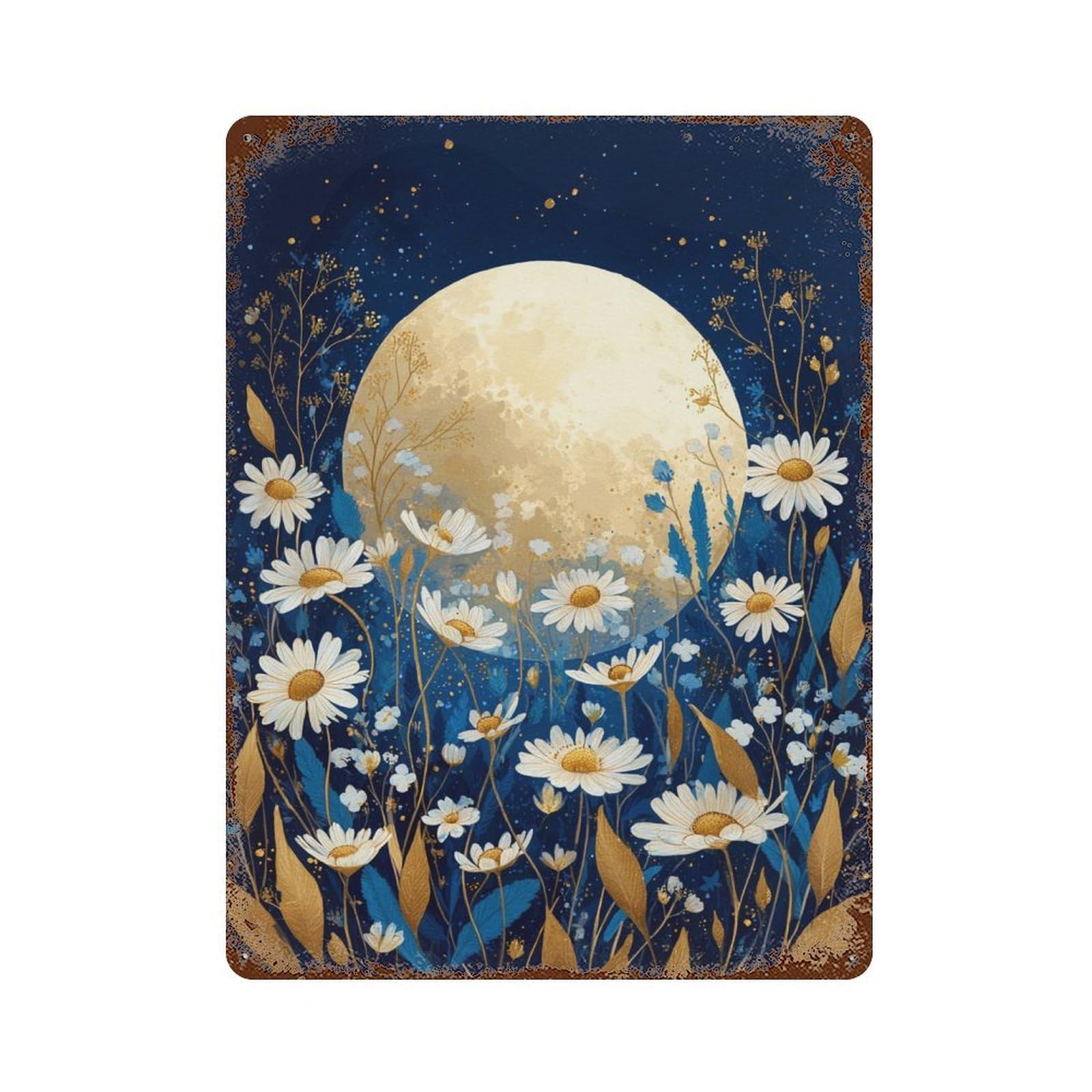Full Moon Daisy Garden Rustic Tin Plaque 15.7"x11.8", Vintage Wall Decor for Garage, Pub Or Kitchen