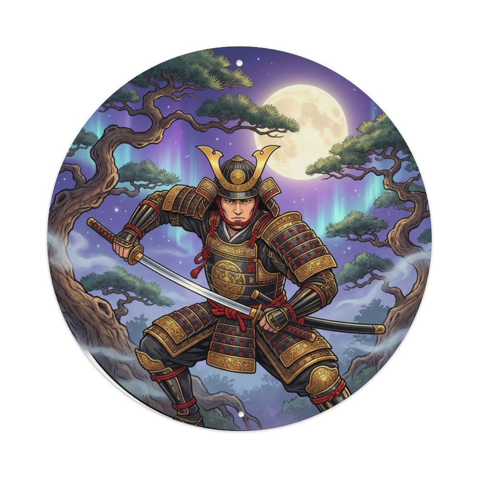 Cwbufd Vintage Style Samurai Warrior Armor Counter Stance Pine Aurora Culture Vintage Metal Tin Sign Plaque Wall Decor For Cafe, Club Bar, Office, Garden Metal Poster 8X8inch