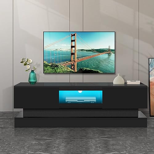 Miniatura 15 de Leisure Zone Modren Soporte de TV LED de 16 colores, centro de entretenimiento de superficie de alto brillo UV con estante para DVD, TV de hasta 70