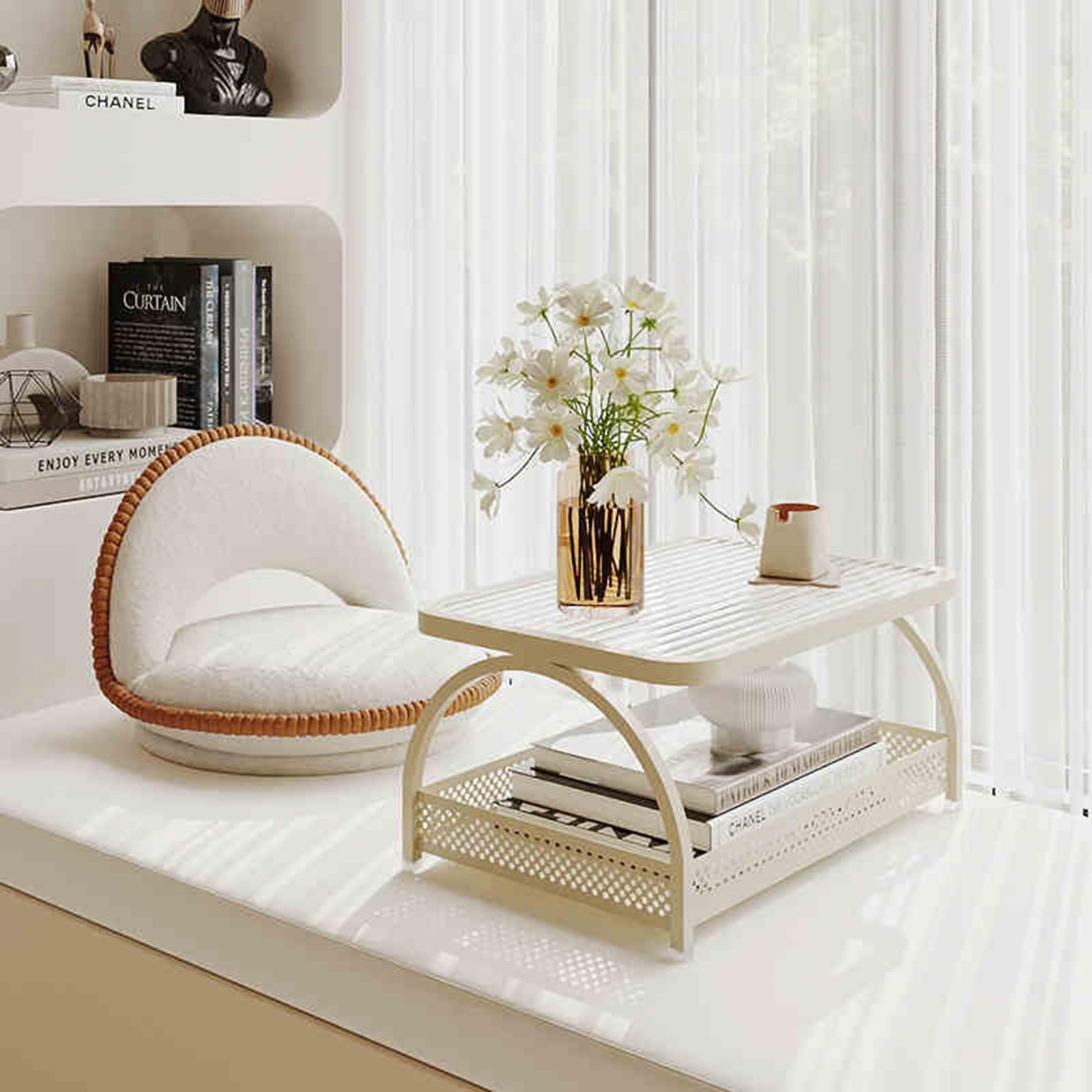 Table basse rectangulaire en métal avec étagère de rangement double plateau