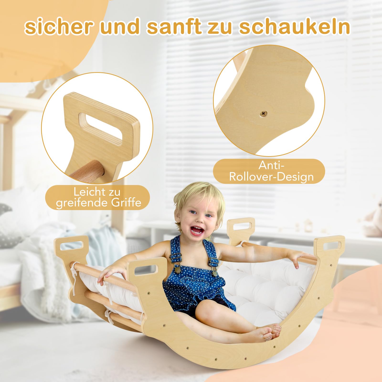 DREAMADE 2 in 1 Kletterbogen mit Kissen, Bogenwippe aus Holz, Holzwippe zum Klettern, Klettergerüst Indoor Kletterdreieck für Kinder ab 3 Jahren (Natur)