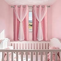 Vista 13 de Lindas cortinas opacas para dormitorio de niñas, diseño estético negro con doble capa con superposición transparente, 45 pulgadas de largo, 2