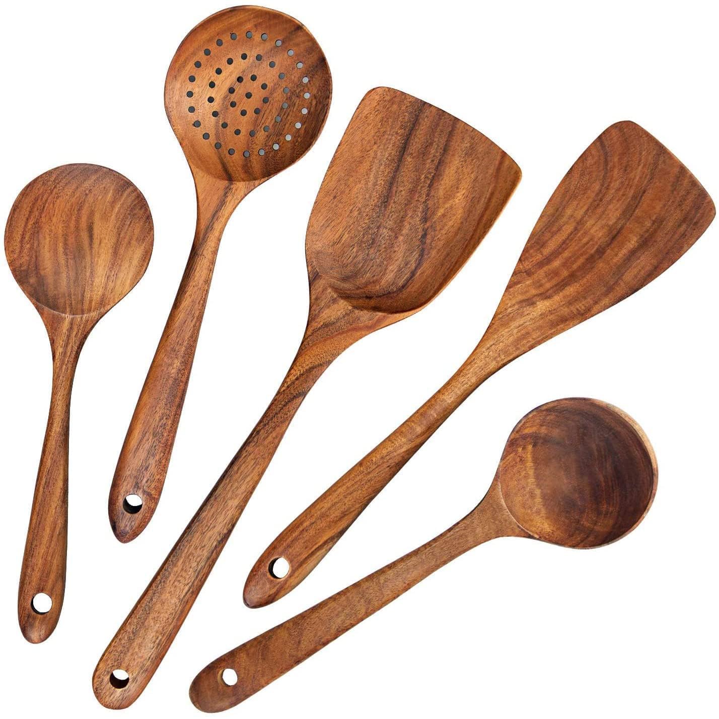 X Spring Wooden Kitchen Utensil Set, 5 PCS Long Wood Spoon Fried Spatula and Colander, Natural Teak Non-stick Pan Wooden Spoons for Cooking, Kitchen Utensils Set for High Heat Stirring
