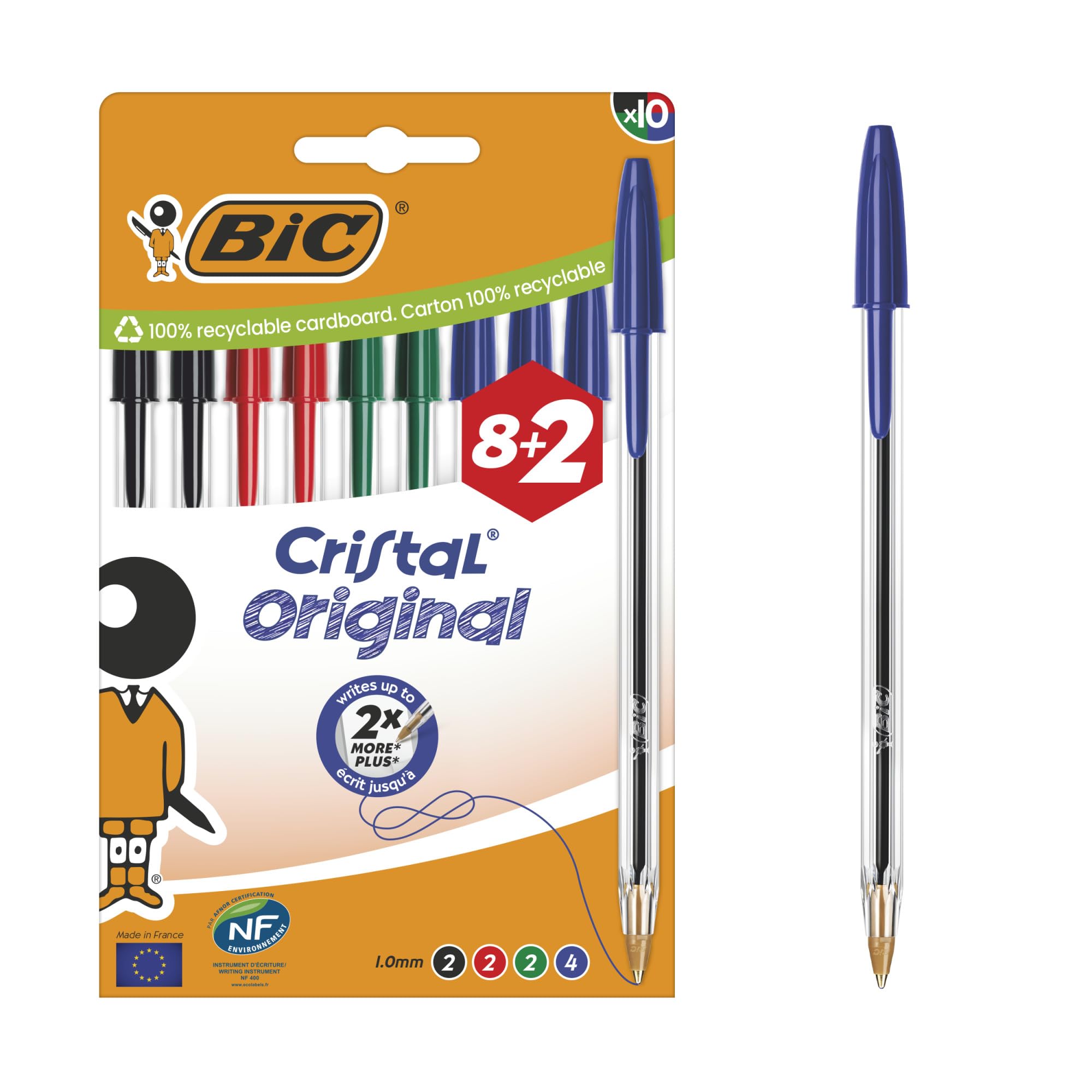 BIC Cristal Original Bolígrafos de Punta Media (1,00 mm) con Tapón y Capuchón a Juego - Colores Surtidos, Caja de 8+2