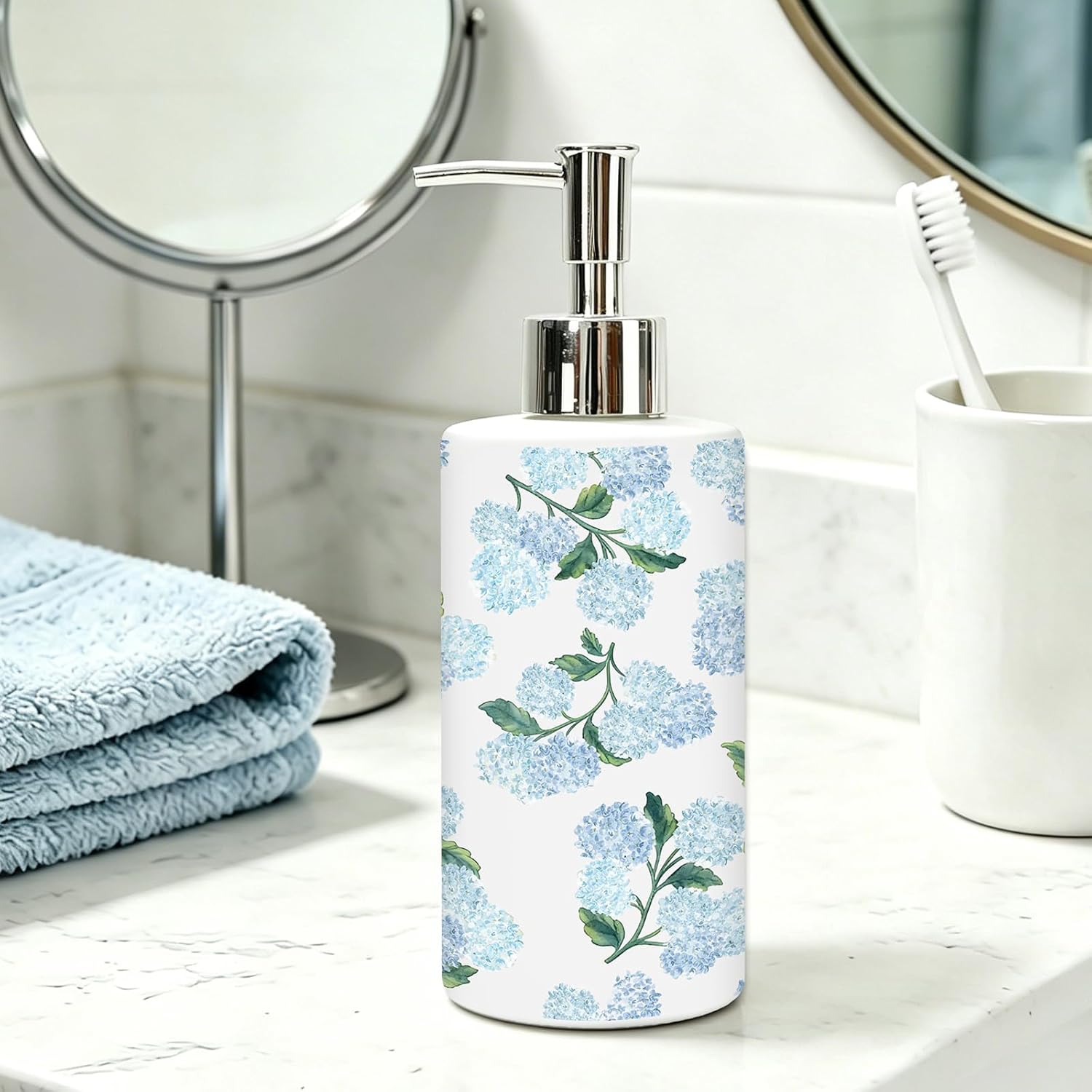AnyDesign Blue Hydrangea Soap Dispenser Watercolor Floral Glass Dispenser with Pump Refillable Liquid Soap Container for Spring Kitchen Bathroom Countertop Decor