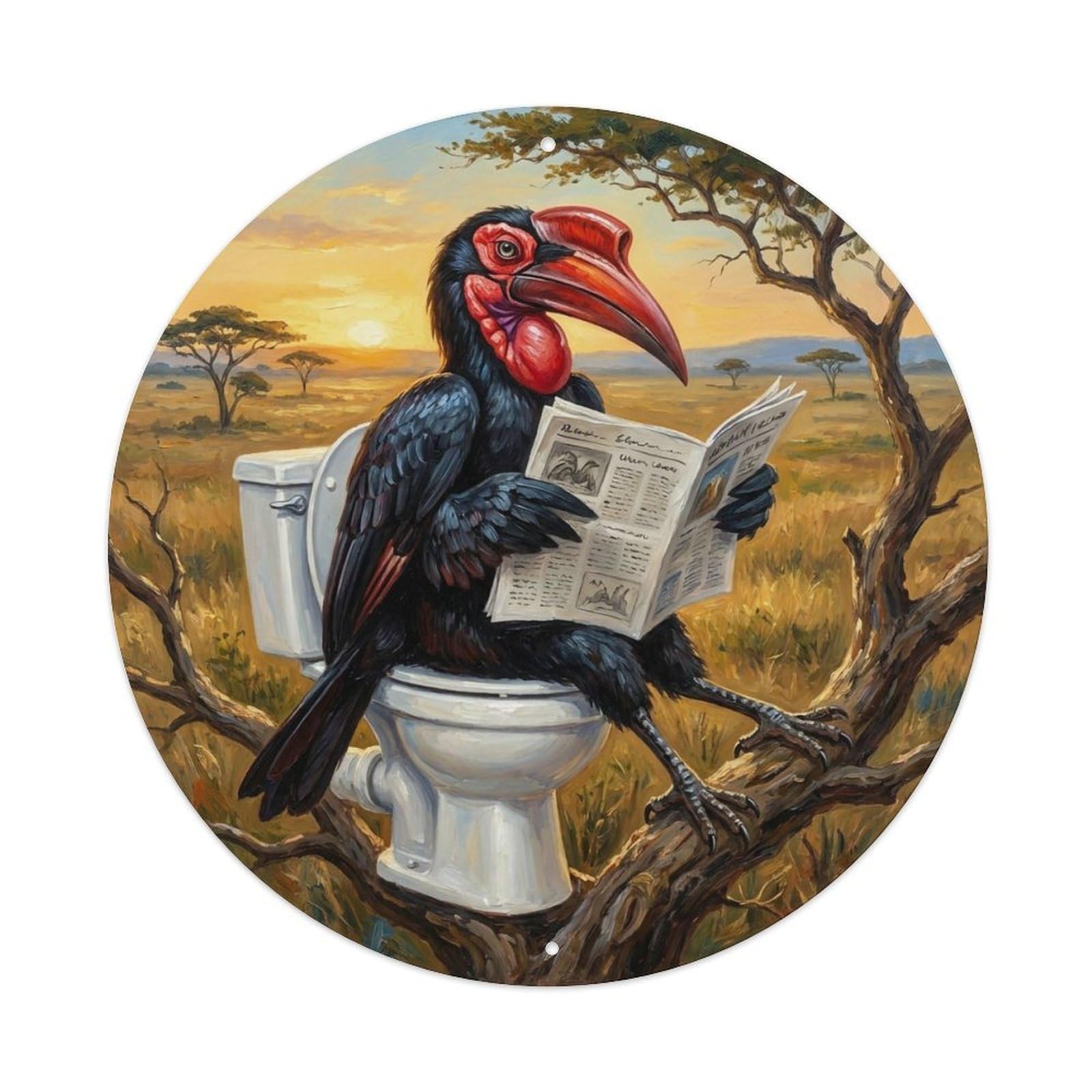Hornbill On Toilet Humorous Bathroom Savanna Tree Top Metal Tin Sign