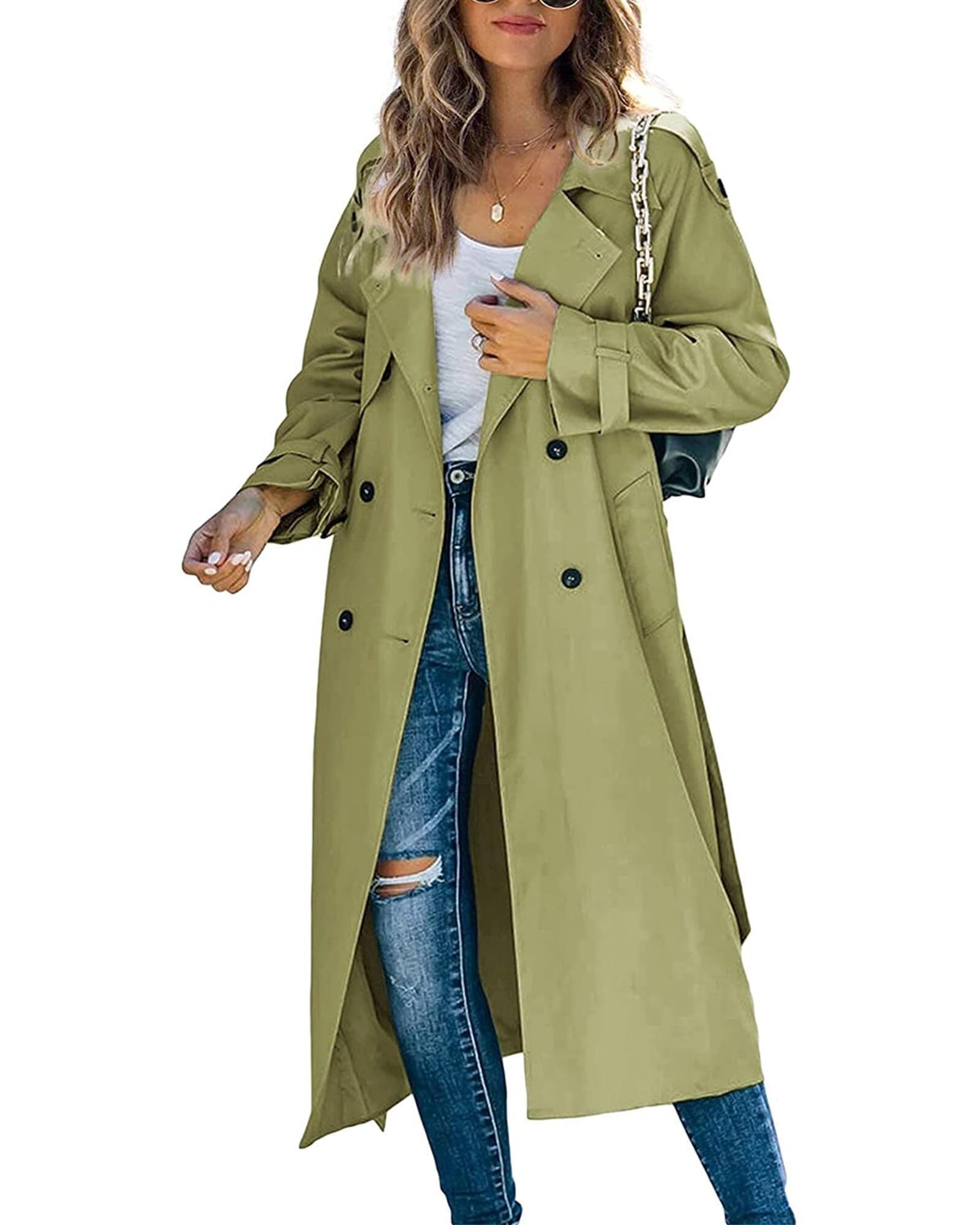 Lockenstab Women's Classic Long Trench Coat Double-Breasted Lapel Sleeve Windproof Overcoat With Belt(A-Army Green,Large)