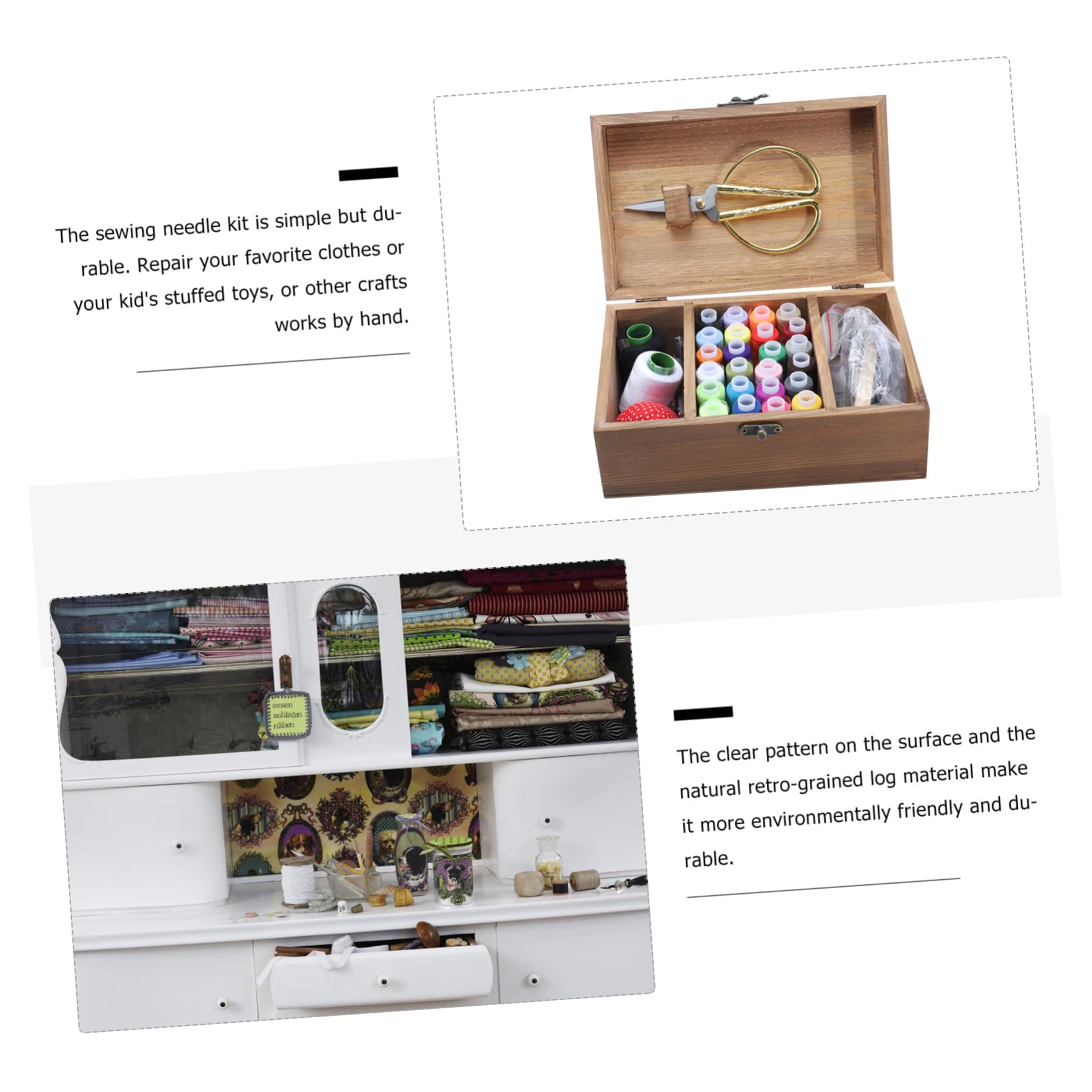 OSALADI Caja de Costura de Madera Retro para Coser, Kit de Costura Portátil Agujas E Hilo, Color Natural, para Manualidades y Uso Doméstico, Adecuado para Principiantes y Profesionales