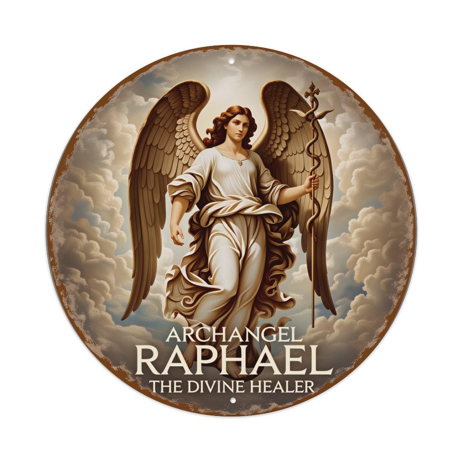 Archangel Raphael Divine Healer Winged Figure Staff Clouds Metal Tin
