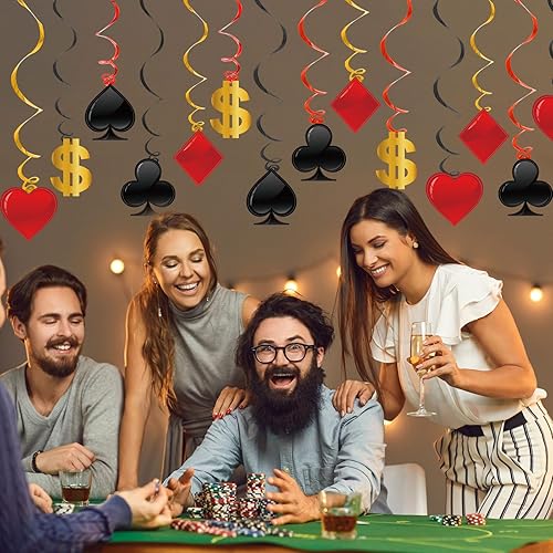 Miniatura 6 de Paquete de 60 decoraciones de fiesta temática de casino en Las Vegas, remolinos colgantes, rojo y negro, recortes de papel de póquer para fiesta