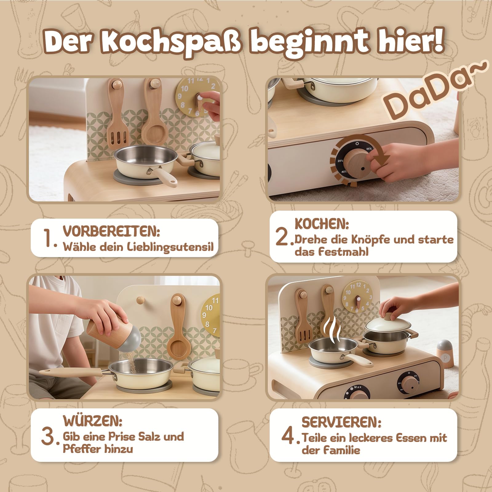 Kinderküche Zubehör Holz, Mini Spielküche Spielset mit Topf, Pfanne, Drehbare Knöpfe mit Klickgeräusch, Montessori Spielzeug ab 3 Jahren