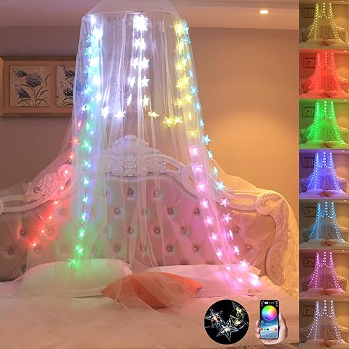 Vista 42 de Toldo de cama con luces, toldo de cama de mosquitero para niñas, cortinas de cama tamaño matrimonial y queen desde el techo, mosquitera de cúpula