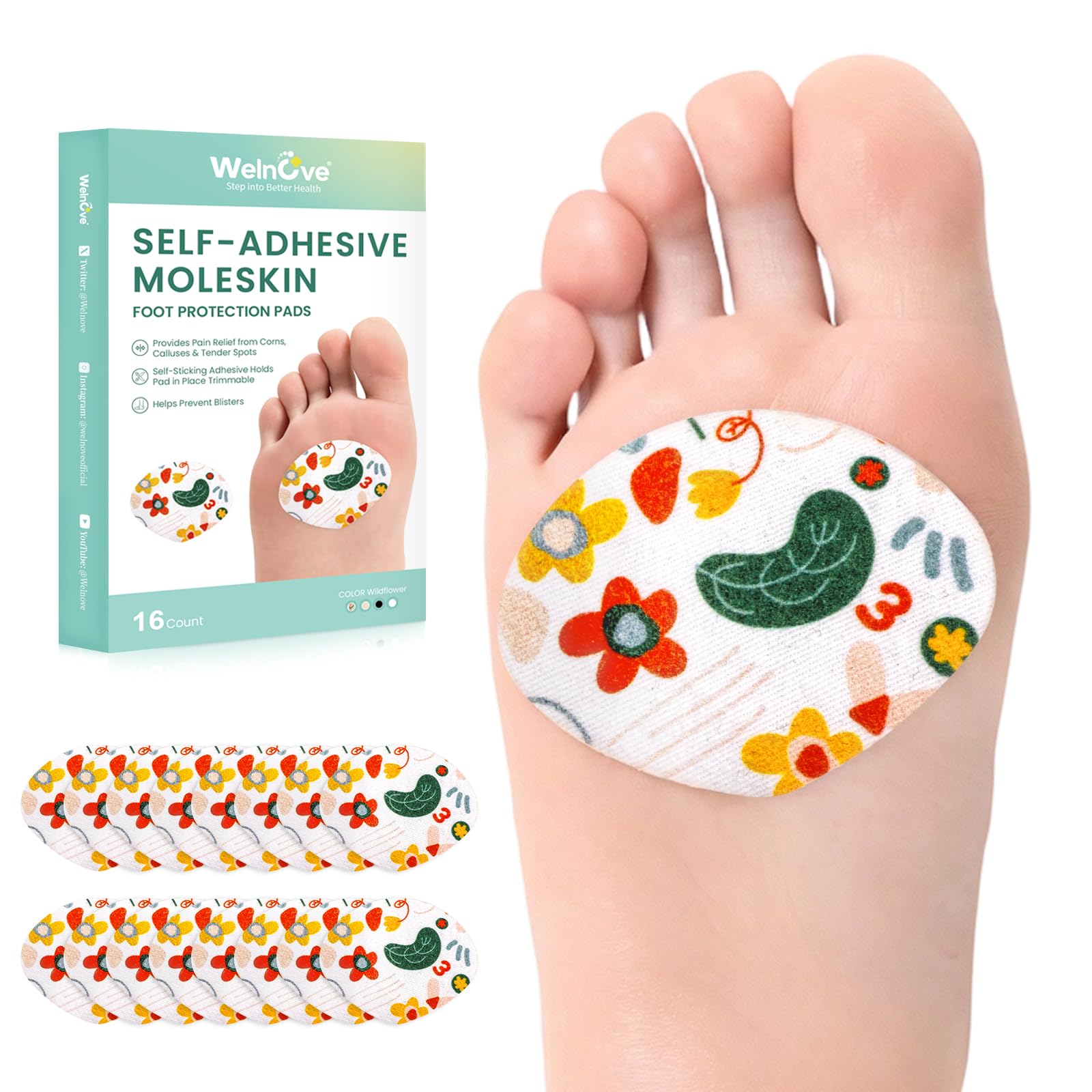 Welnove Moleskin Adhesive Pads for Feet, Blister Bandages for Feet, Sector-Shaped Design for Ball of Foot,Mole Skin Patch for Blister,Callus,Bunion Prevention, 16 Sheets, Flower Patterned