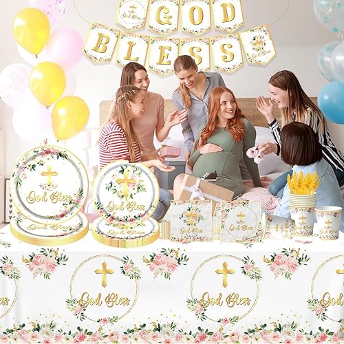 Miniatura 7 de Decoraciones de fiesta de bautismo con texto en inglés "God Bless Bautismo", platos de primera comunión, servilletas y tazas para recién nacidos,