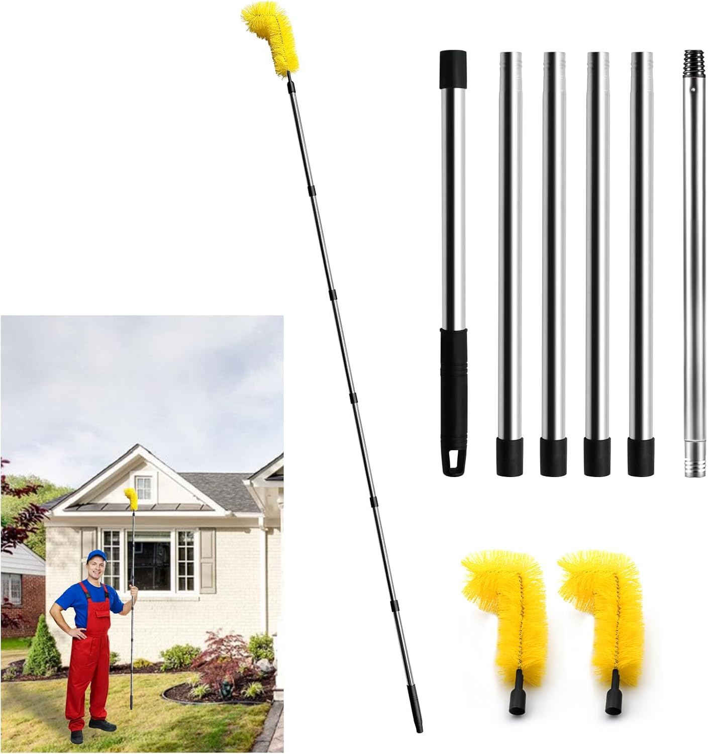 Gutter Cleaning Tools, 8.2 feet Long Gutter Cleaning Tools with 6 Stainless Steel Tubes and 2 Brushes, Gutter Cleaner Ability for Roof Leaves and Debris-Yellow 8.2ft-yellow