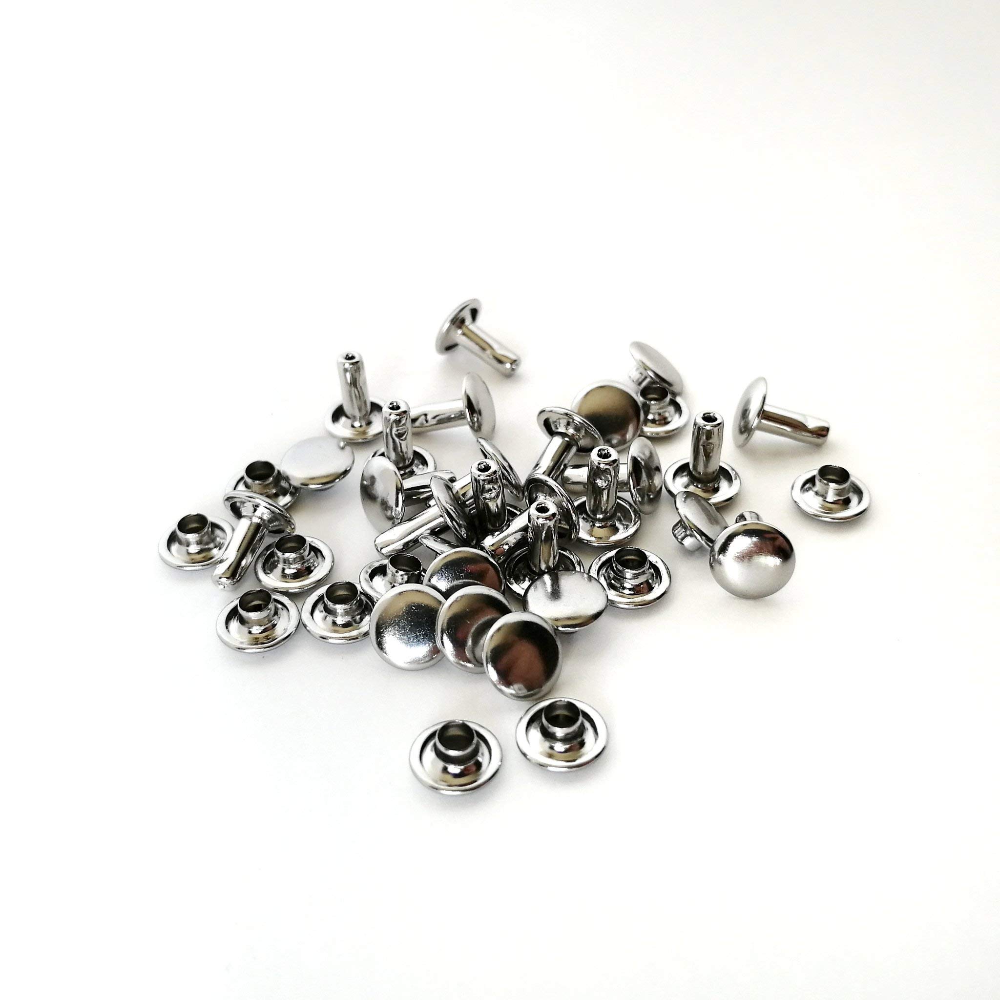 4mm, 6mm, 8mm Double Cap Rivets, Metal Button Round, Rapid Rivet, Rivet Studs for Purse Bags Handbags Shoes Belts Leather Craft DIY (50pcs) (Silver, 4mm)