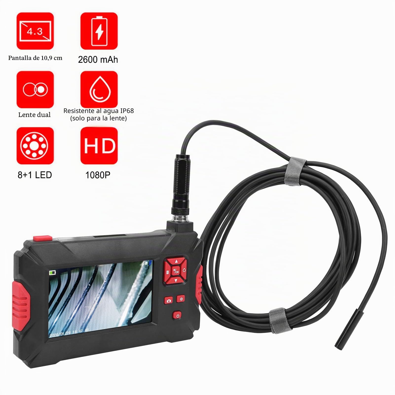Cámara de endoscopio digital P30 Cámara de boroscopio de doble lente industrial impermeable con pantalla LCD y 9 ​​luces(10M)